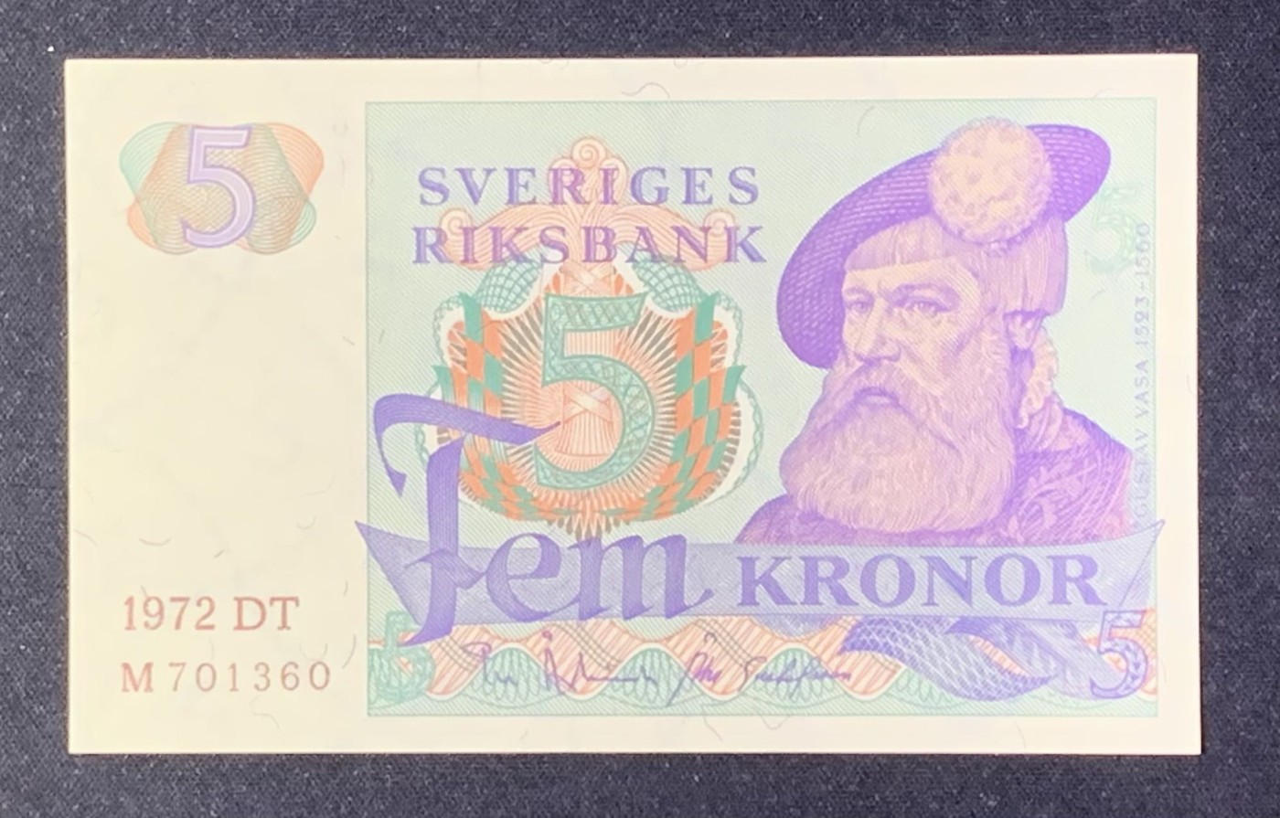 紫瑗钱币——第302期拍卖—纸币场 瑞典 1972年 瑞典银行 古斯塔夫一世 5克朗 深字 UNC