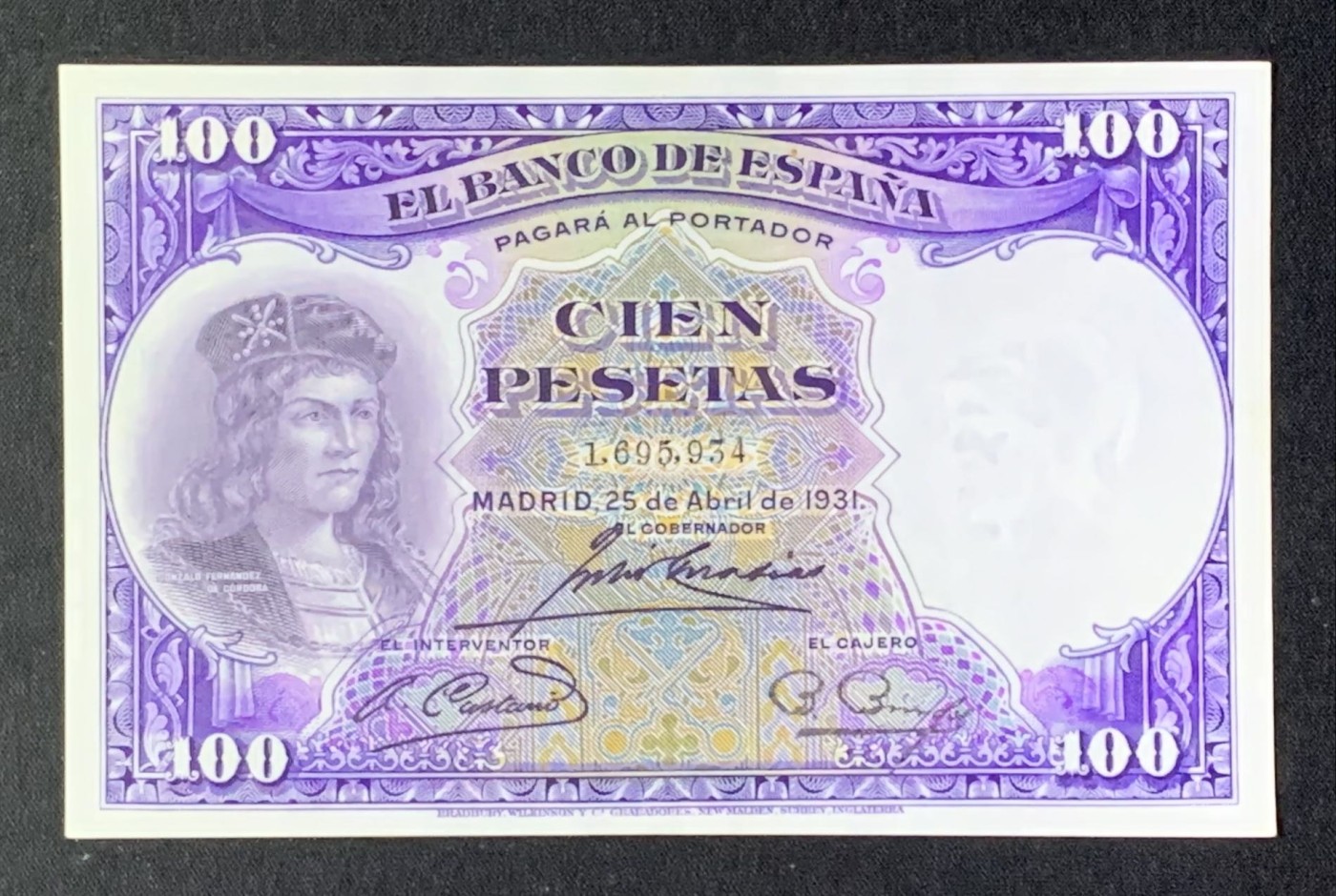 紫瑗钱币——第302期拍卖—纸币场 西班牙 1931年 冈萨洛·费尔南德斯·德·科尔多瓦 100比塞塔 UNC