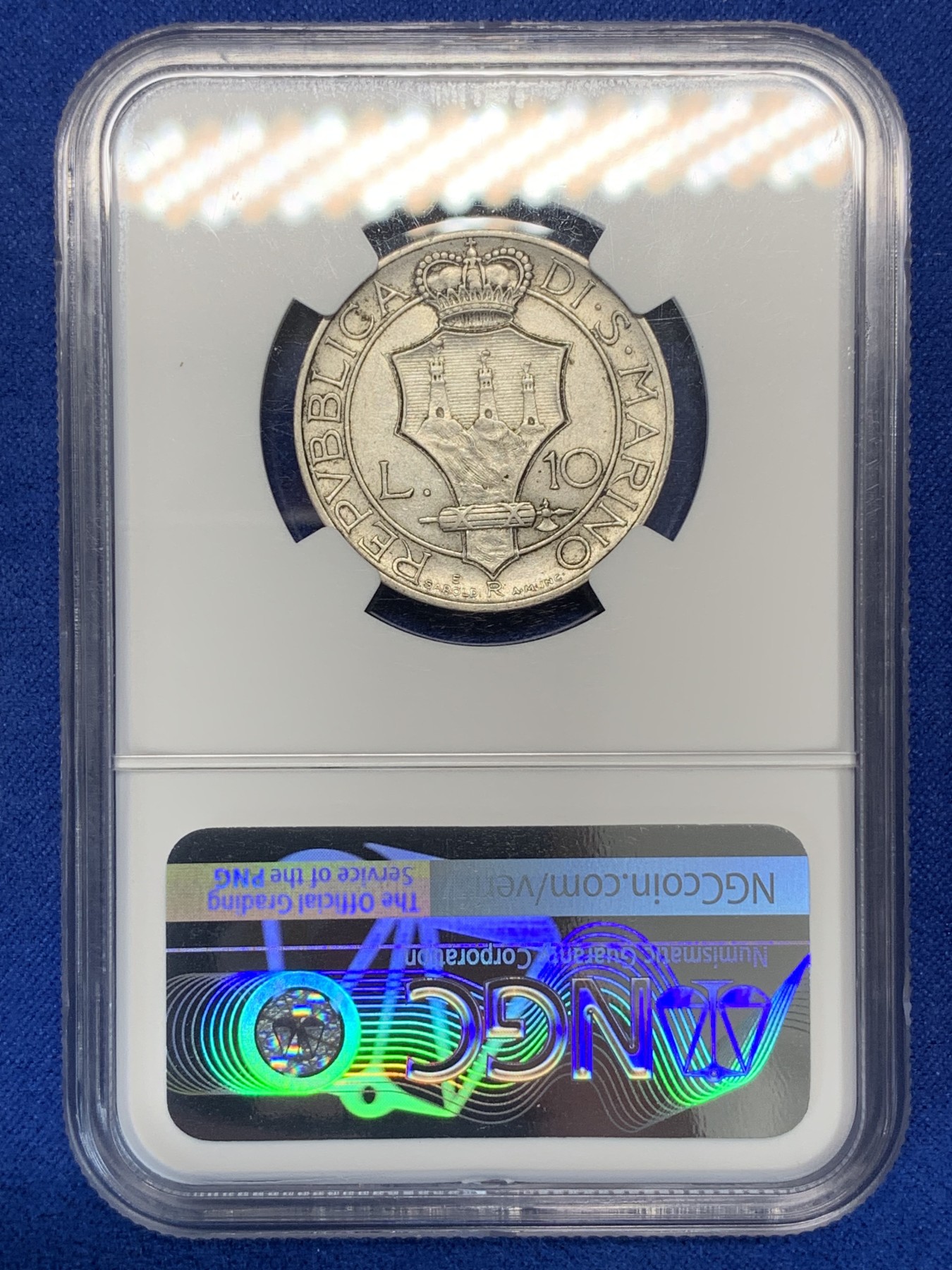 《竞宝斋》第195场-周日，周一 2场 (全场包邮) NGC-AUD 1932年 圣马力诺 早期 10里拉银币 女武士 少见品种