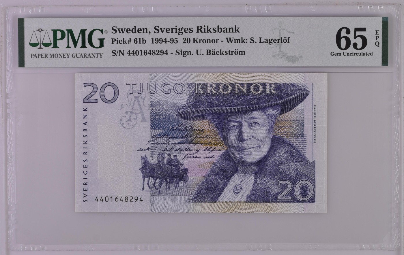 紫瑗钱币——第302期拍卖—纸币场 【PMG 65EPQ】瑞典 1994-95年 骑鹅旅行记 20克朗 (P-61b）