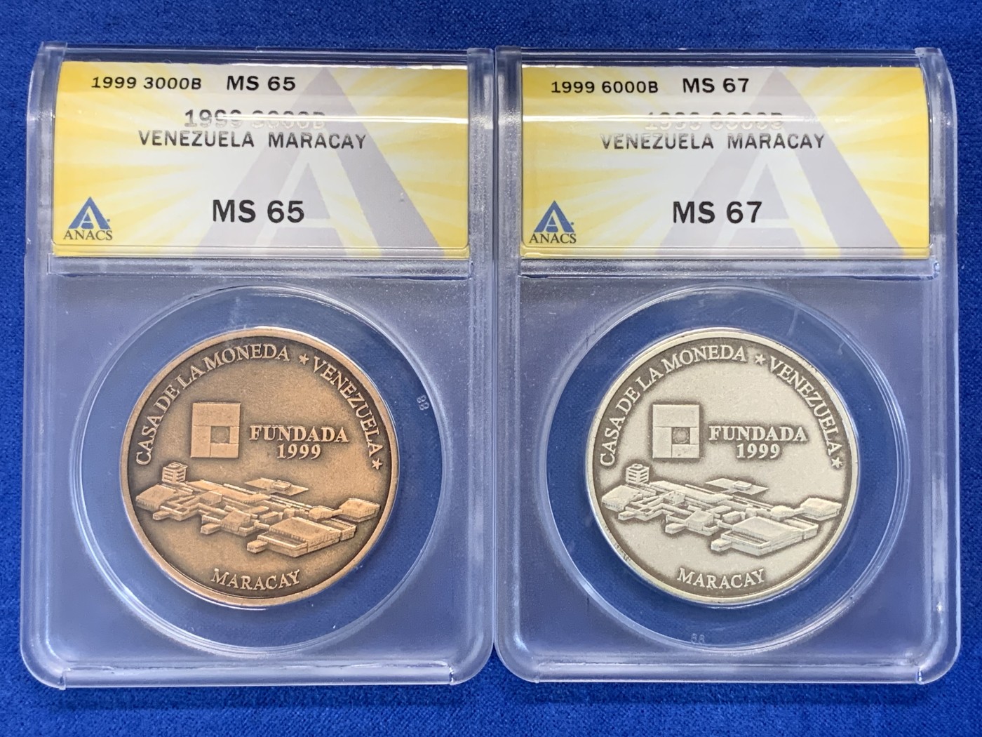 《竞宝斋》第195场-周日，周一 2场 (全场包邮) ANACS 1999年委内瑞拉 MS67 6000玻利瓦尔仿古纪念银币+MS65 3000玻利瓦尔仿古纪念铜币