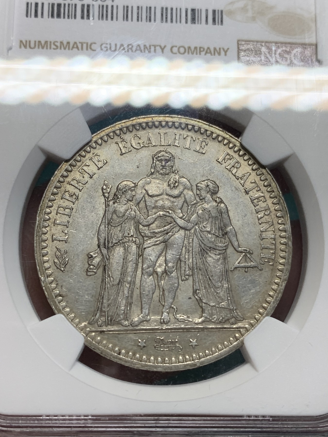 《竞宝斋》第195场-周日，周一 2场 (全场包邮) NGC-AU58 法国1873年大力神五法郎银币