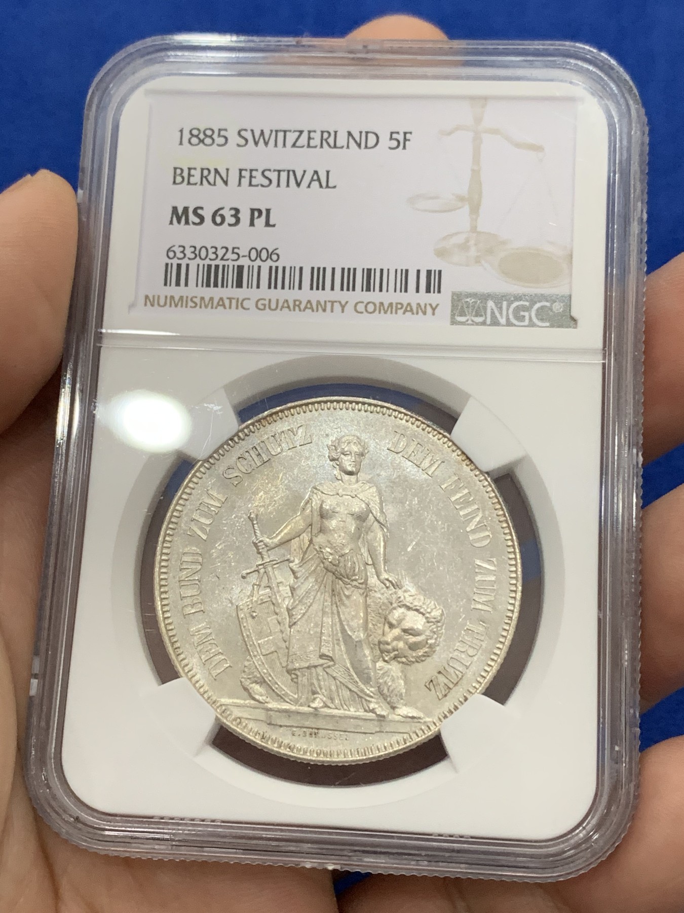 《竞宝斋》第195场-周日，周一 2场 (全场包邮) NGC-MS63PL 瑞士伯尔尼 1885年 射击节 5法郎 银币 经典美女与野兽设计 射击节PL少见 镜面感无敌