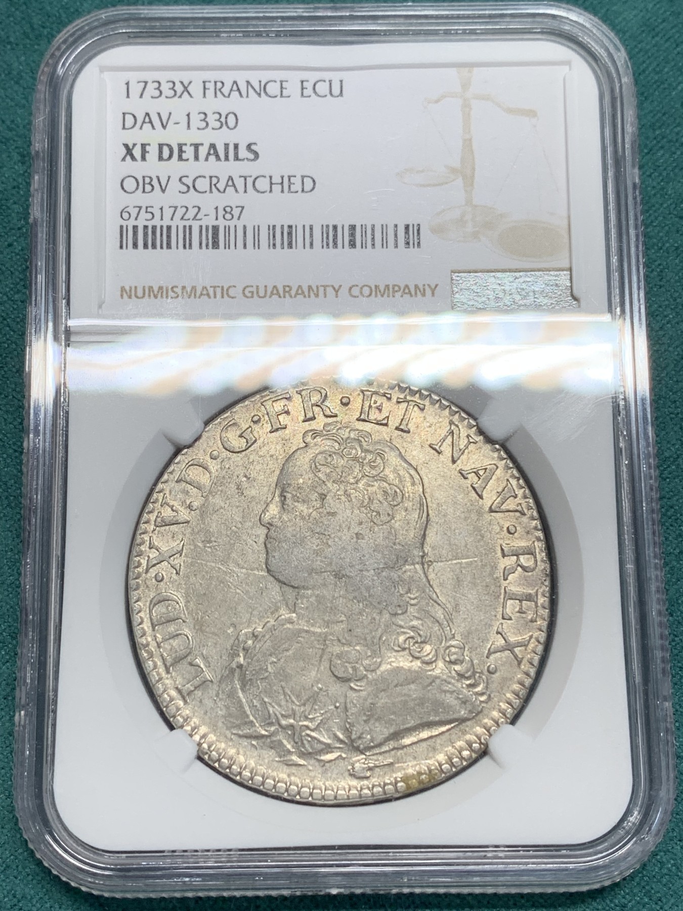 《竞宝斋》第195场-周日，周一 2场 (全场包邮) NGC XFD 法国1733年路易十五埃居大银 稀少厂名 底板转光