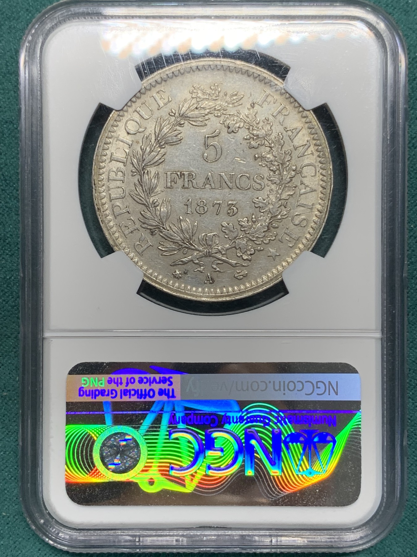 《竞宝斋》第195场-周日，周一 2场 (全场包邮) NGC-AU58 法国1873年大力神五法郎银币