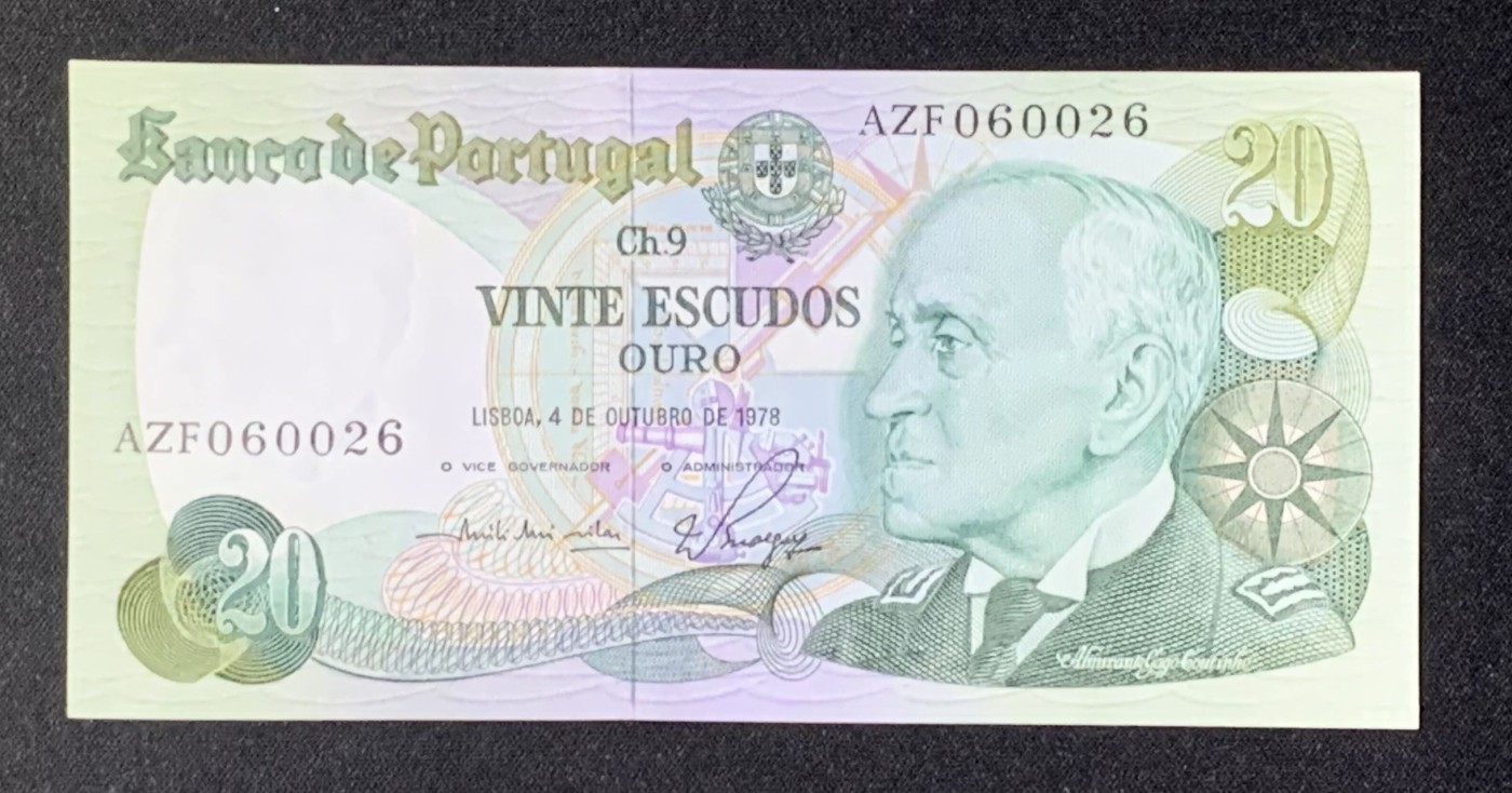 紫瑗钱币——第302期拍卖—纸币场 葡萄牙 1978年 10月4日 海军上将加戈·库蒂尼奥 20埃斯库多 UNC