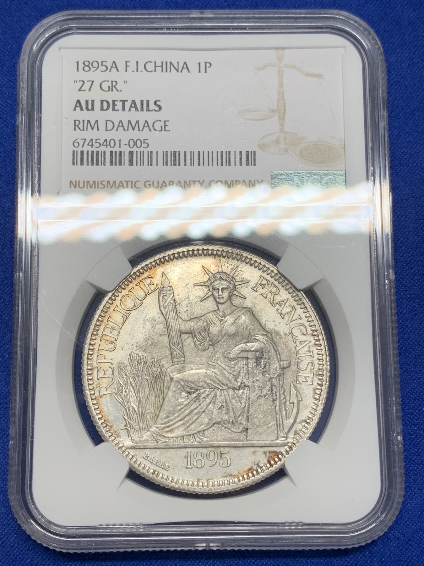 《竞宝斋》第195场-周日，周一 2场 (全场包邮) NGC-AUD 法属印度支那 1895A 坐洋 难得五官清晰 底光可见