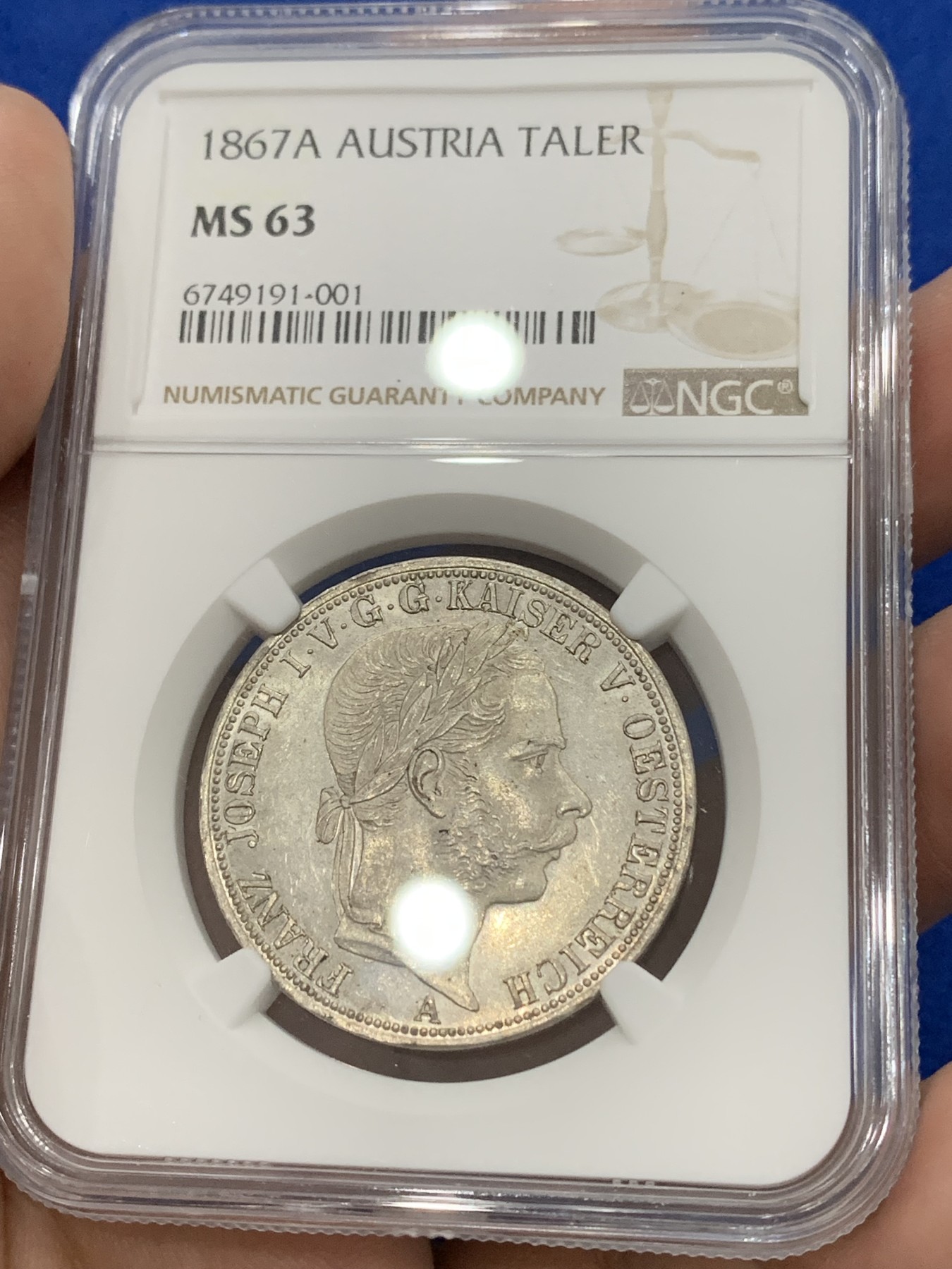 《竞宝斋》第195场-周日，周一 2场 (全场包邮) NGC-MS63 奥匈帝国 1867年弗朗茨约瑟夫一世1泰勒银币 少见品种 原光