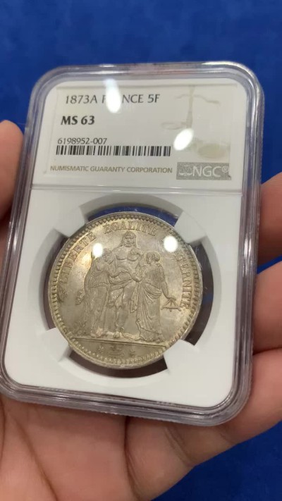 《竞宝斋》第195场-周日，周一 2场 (全场包邮) NGC-MS63 法国1873年大力神5法郎银币