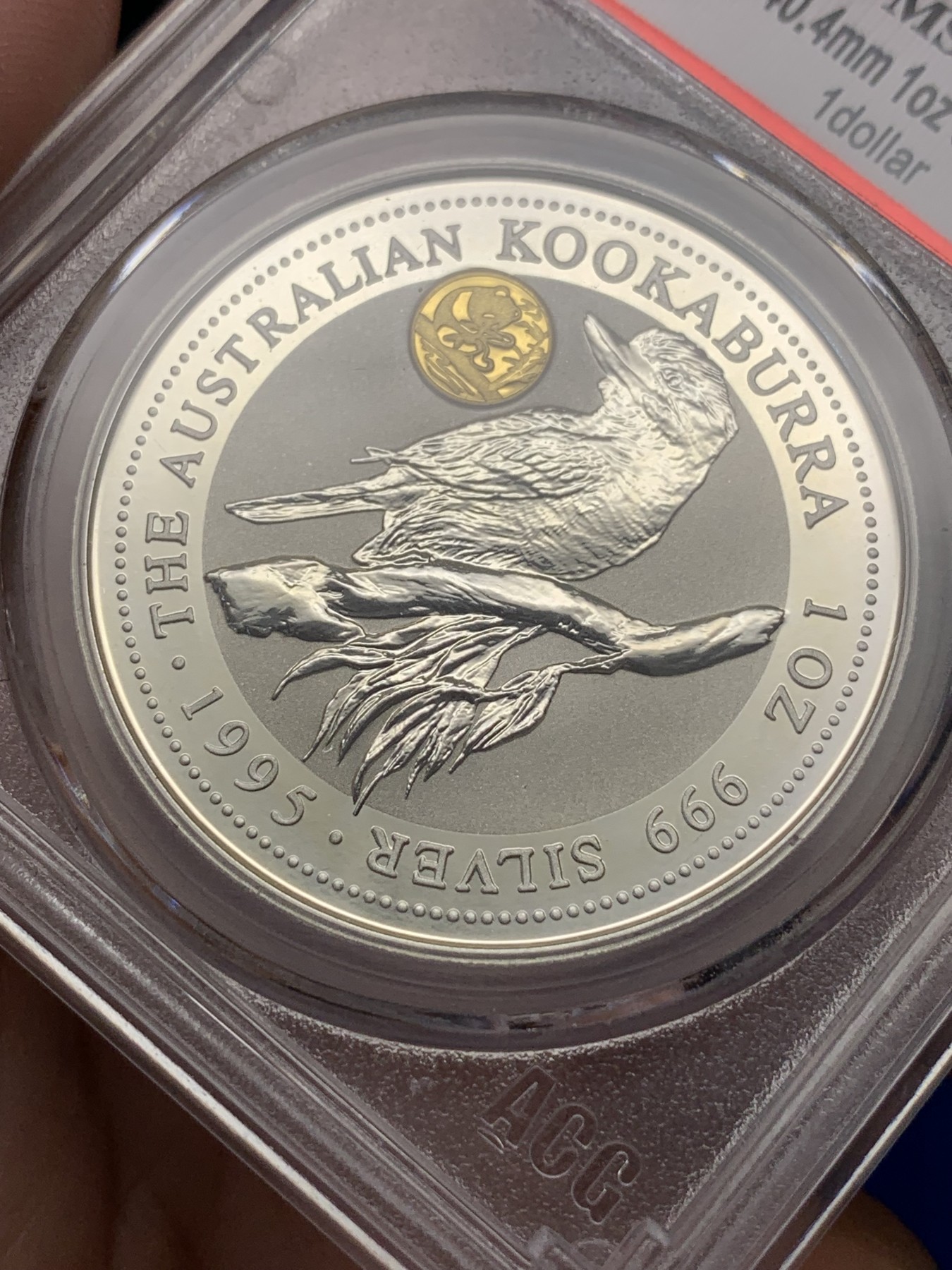 《竞宝斋》第195场-周日，周一 2场 (全场包邮) ACG MS69  澳大利亚1995笑翠鸟镶金熊猫银币