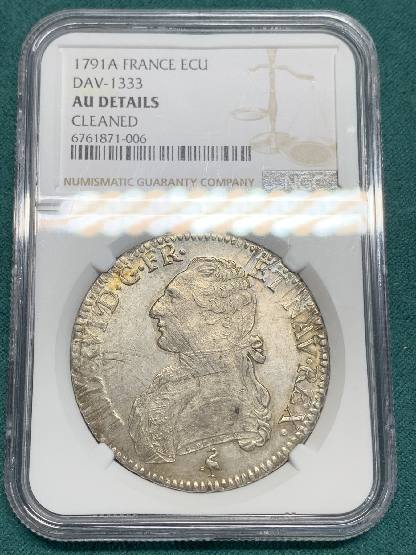 《竞宝斋》第195场-周日，周一 2场 (全场包邮) NGC-AUD 法国 1791年巴黎厂 路易十六1埃居银币 少见年份，严重低评，UNC品相，底板转光，背面纹章面尤其出色，也是该版别的最后一年，具有历史意义