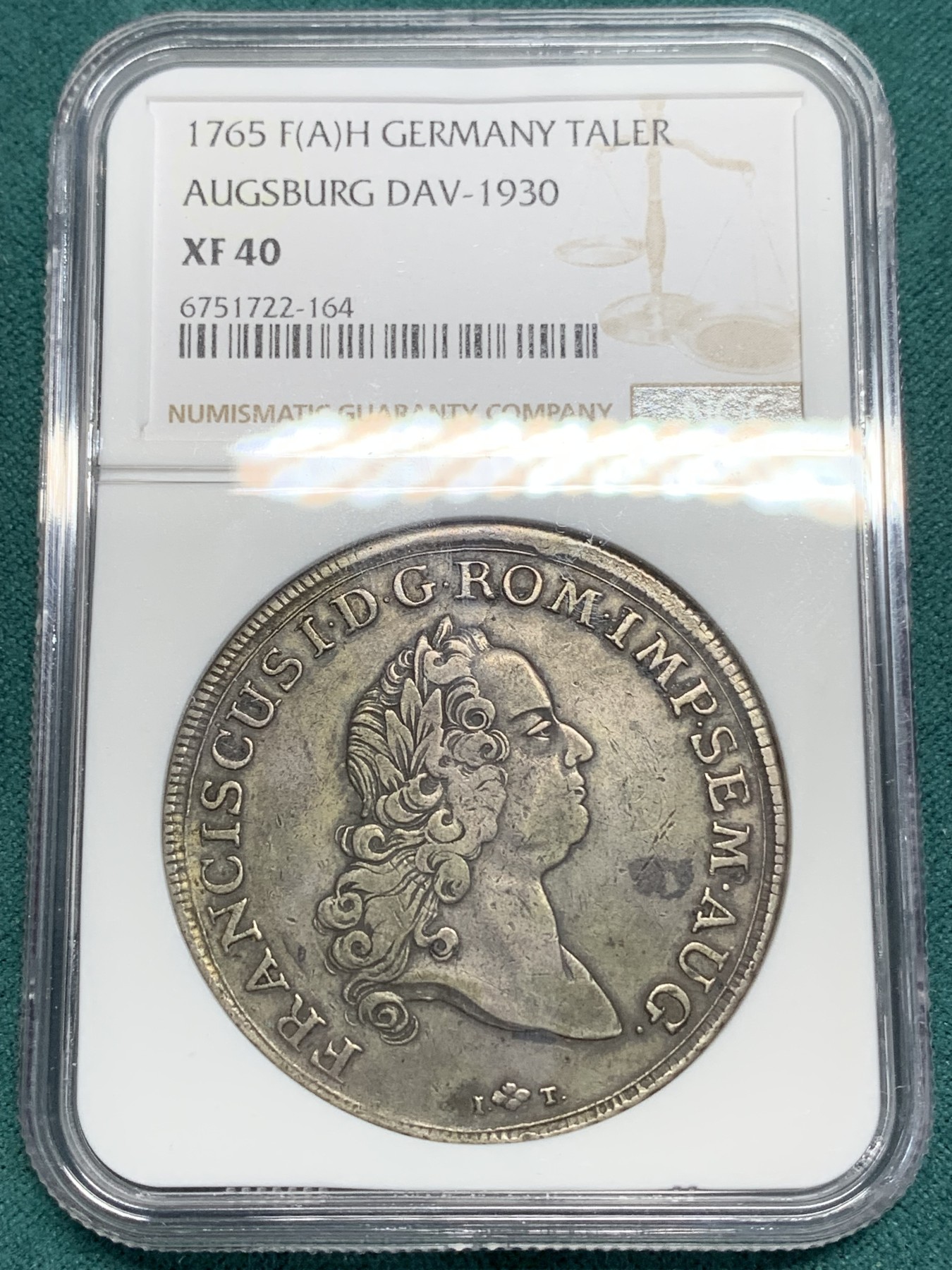 《竞宝斋》第195场-周日，周一 2场 (全场包邮) NGC XF40 德国 1765年奥格斯堡 原味泰勒 稀少