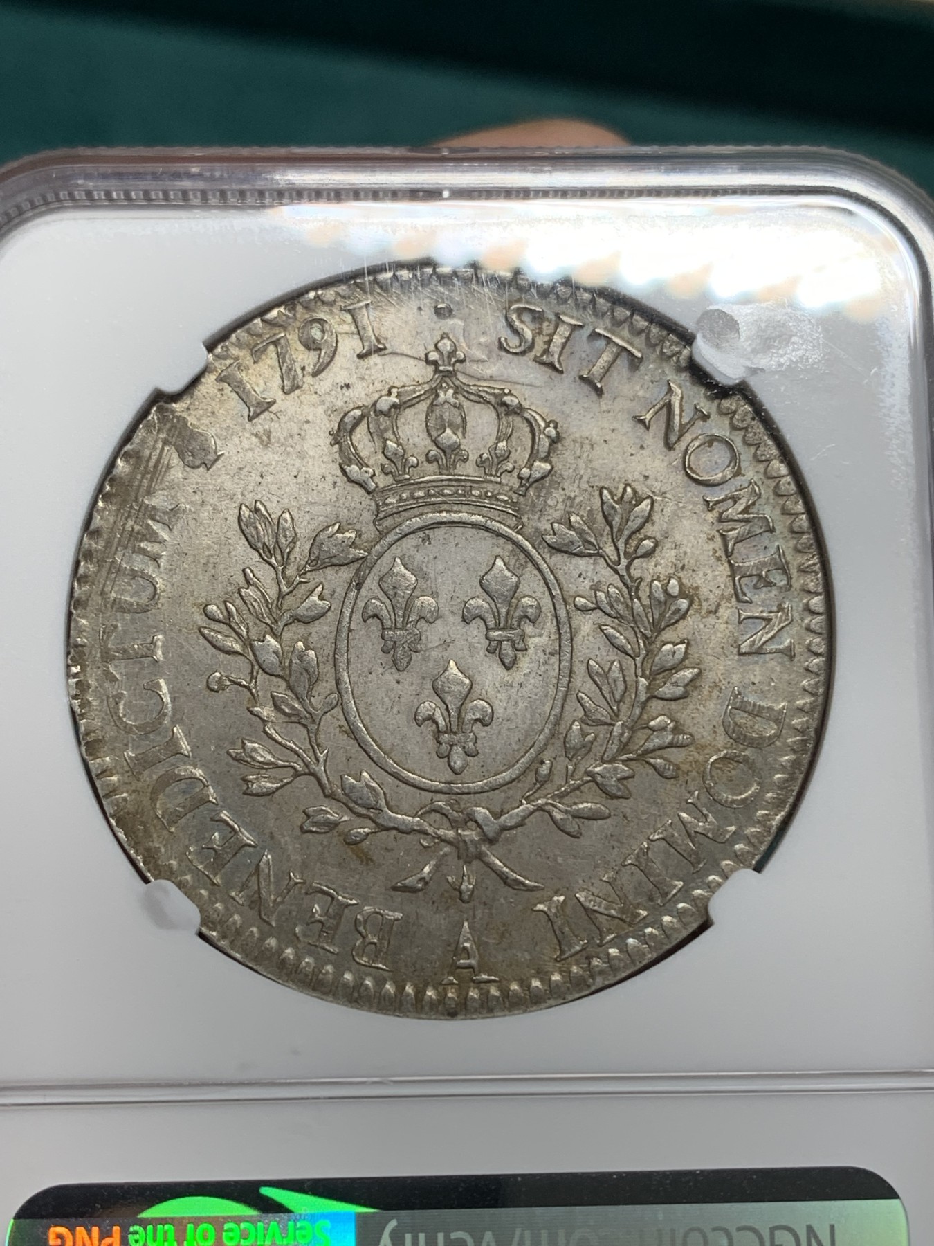 《竞宝斋》第195场-周日，周一 2场 (全场包邮) NGC-AUD 法国 1791年巴黎厂 路易十六1埃居银币 少见年份，严重低评，UNC品相，底板转光，背面纹章面尤其出色，也是该版别的最后一年，具有历史意义