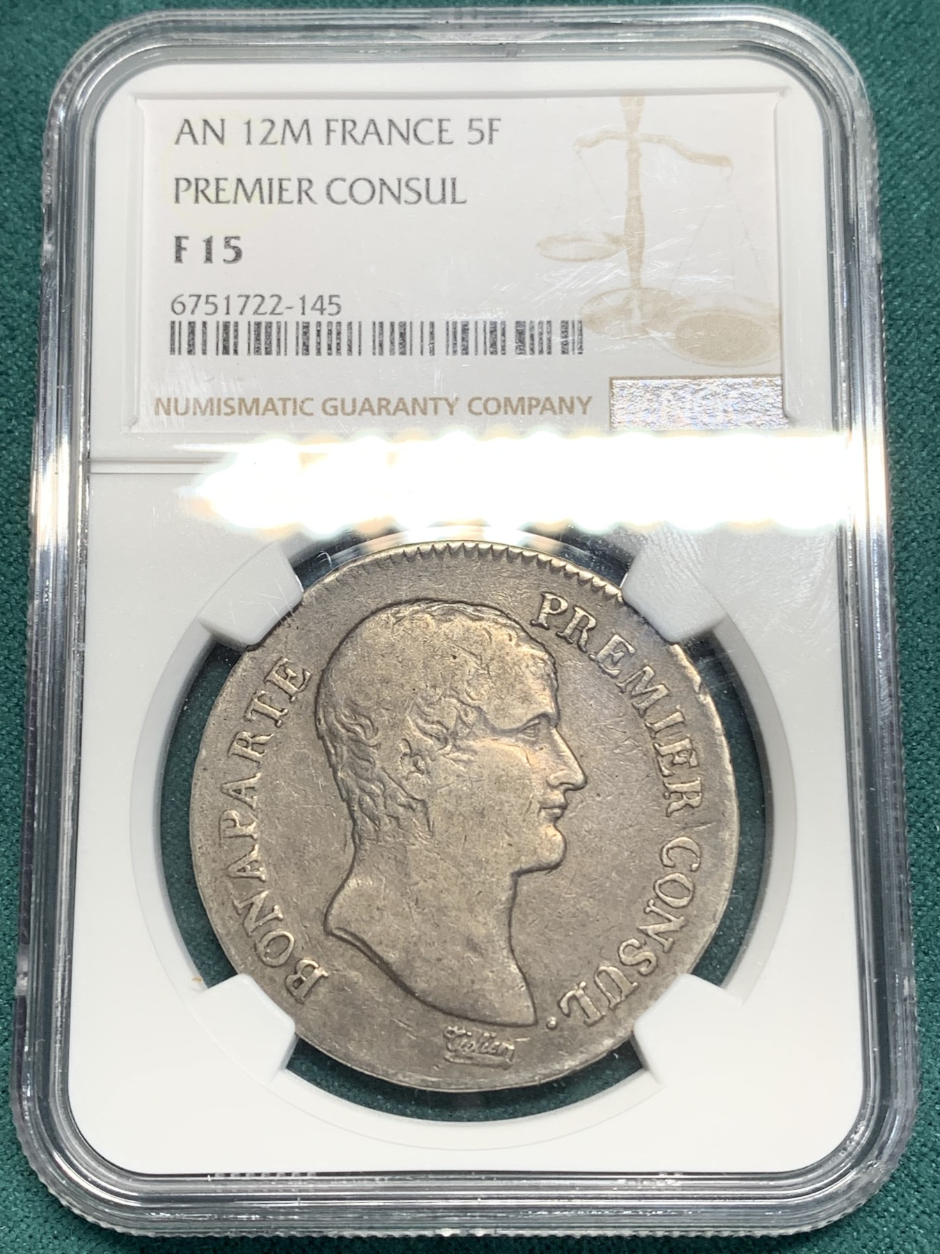 《竞宝斋》第195场-周日，周一 2场 (全场包邮) NGC F15 法国 AN12M 图卢兹 1804年 拿破仑凯撒头5法郎银币 原味低评