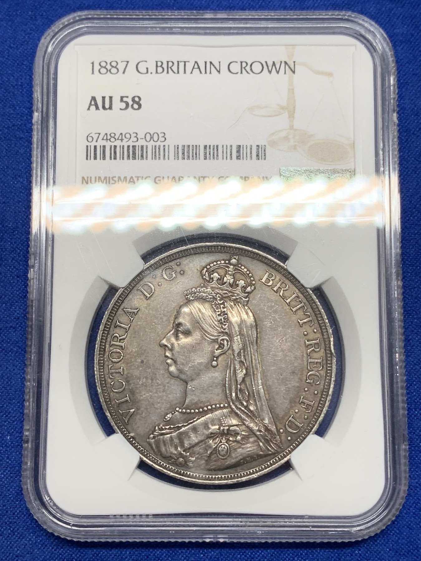 《竞宝斋》第195场-周日，周一 2场 (全场包邮) NGC-AU58 英国 1887年 维多利亚高冠马剑1克朗 原味包浆 好品可藏