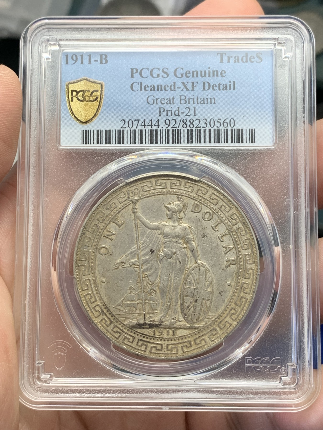 《竞宝斋》第195场-周日，周一 2场 (全场包邮) PCGS  XF  英国1911年站洋贸易银币   原味未清洗