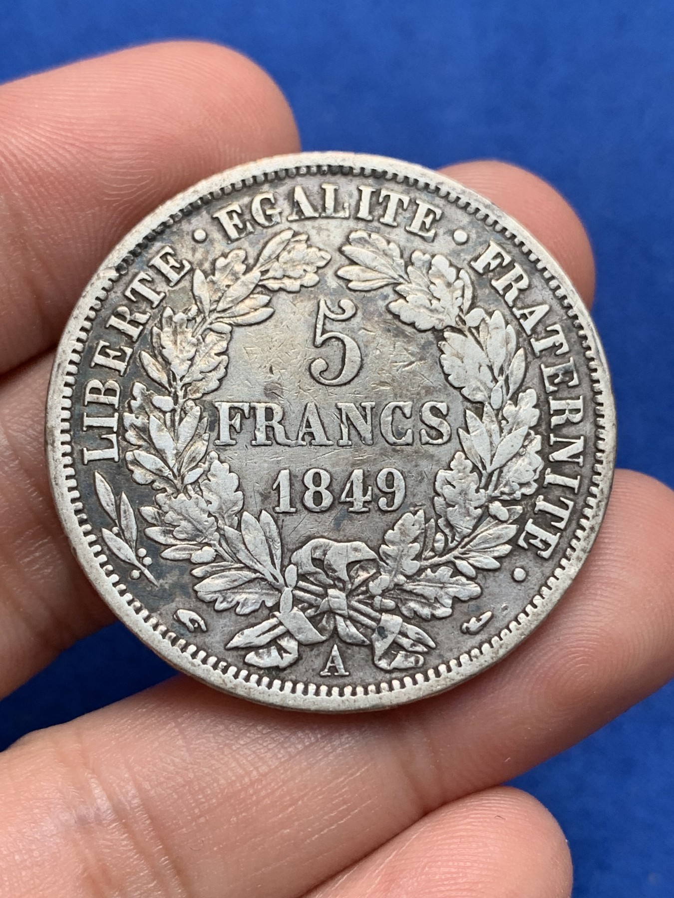 《竞宝斋》第195场-周日，周一 2场 (全场包邮) 1849年法国谷物女神5法郎银币，原味老包浆 细节见图