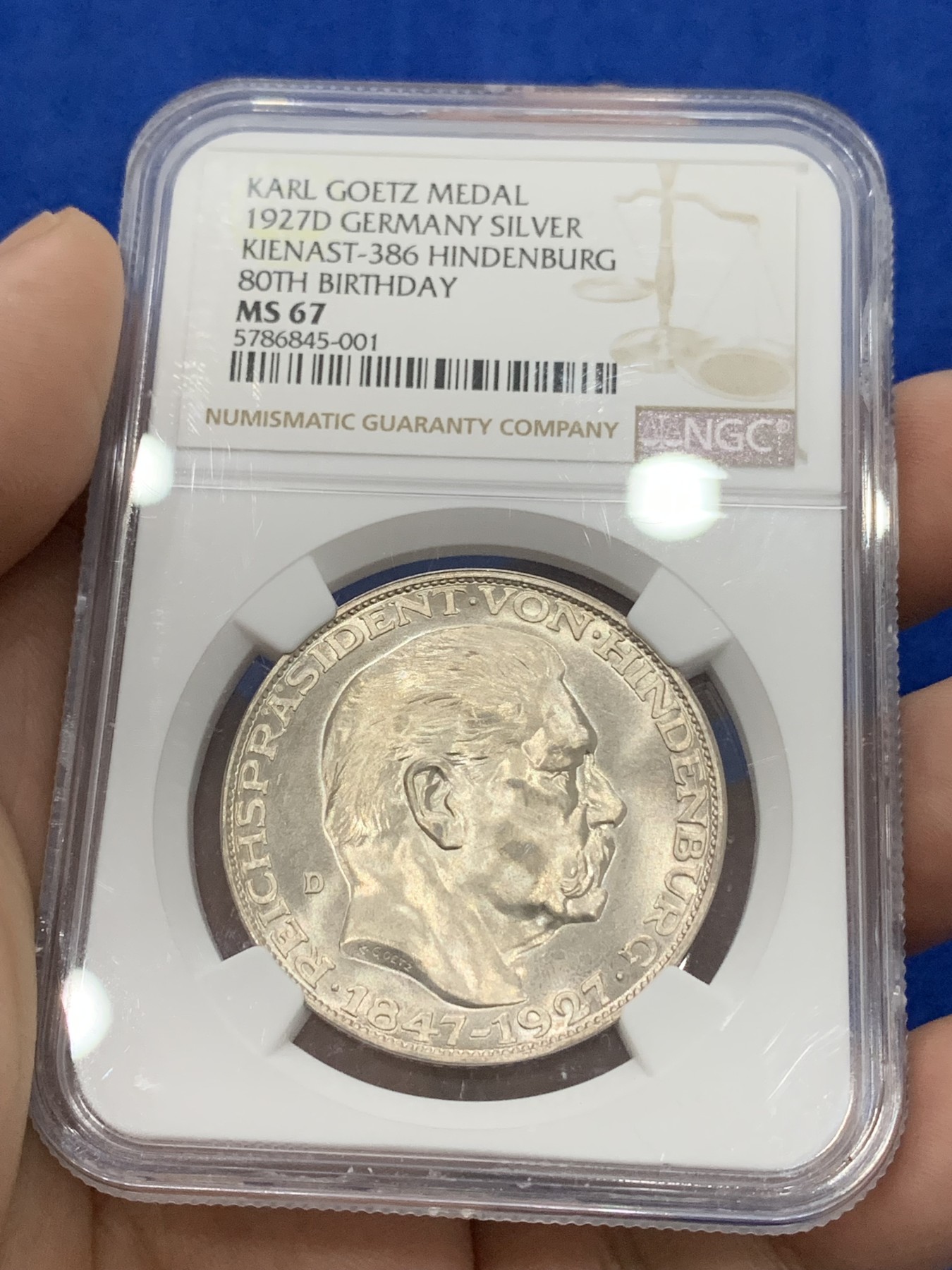 《竞宝斋》第195场-周日，周一 2场 (全场包邮) NGC-MS67 德国 1927年 兴登堡80大寿5马克币型银章 经典中的经典 卡尔哥茨作品 ngc亚军 仅有一枚更高分 国内首见 无需赘言