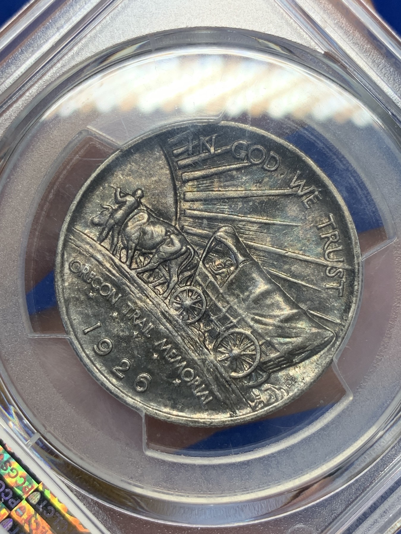 《竞宝斋》第195场-周日，周一 2场 (全场包邮) PCGS-MS64 美国 1926年 半美元银币 俄勒冈小道 土著人+大篷车经典设计 少见双面黑包浆