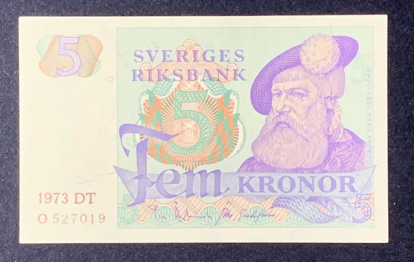 紫瑗钱币——第302期拍卖—纸币场 瑞典 1973年 瑞典银行 古斯塔夫一世 5克朗 深字 UNC