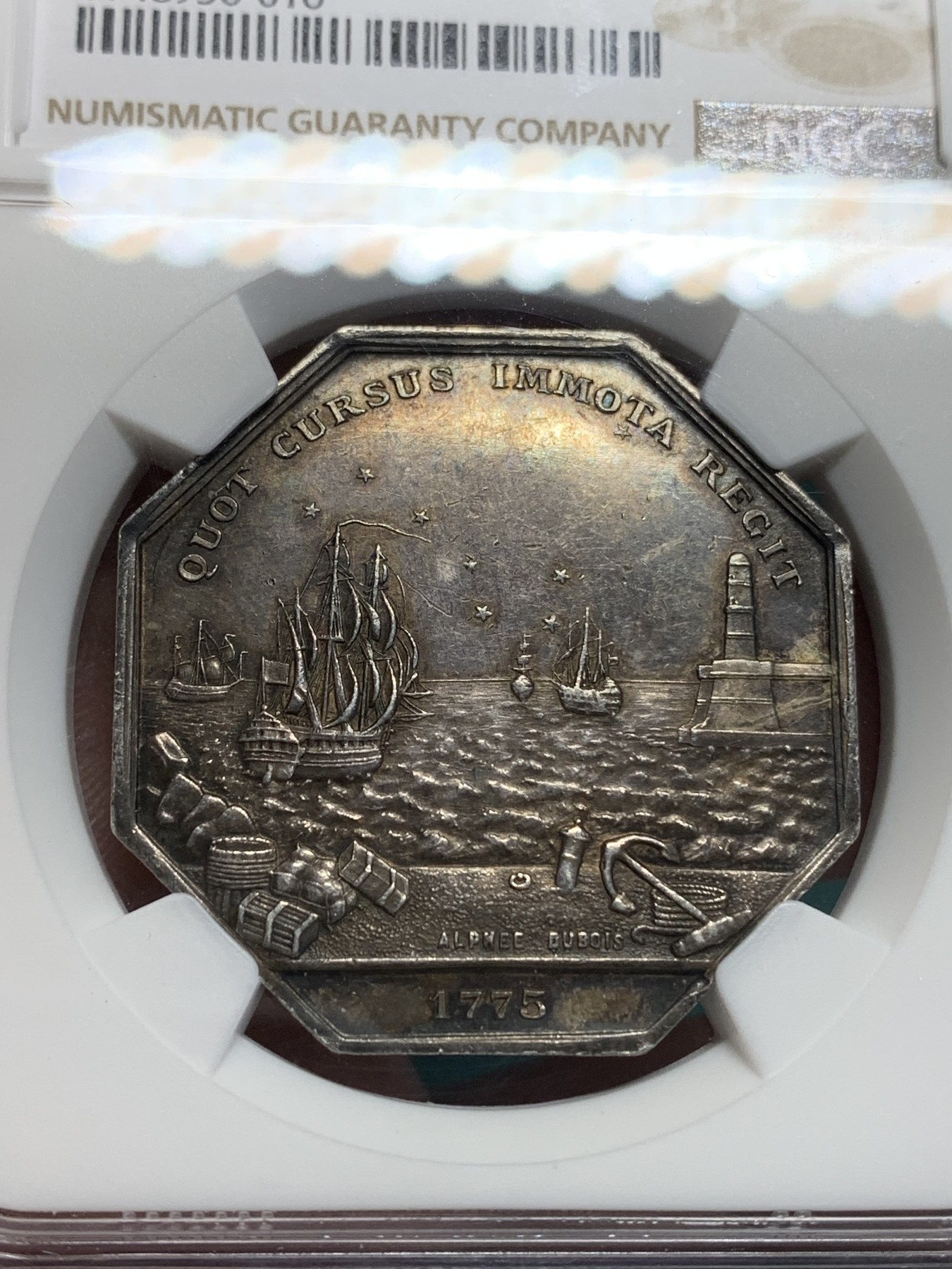 《竞宝斋》第195场-周日，周一 2场 (全场包邮) NGC MS61 法国1775马赛港商业八角银质代币