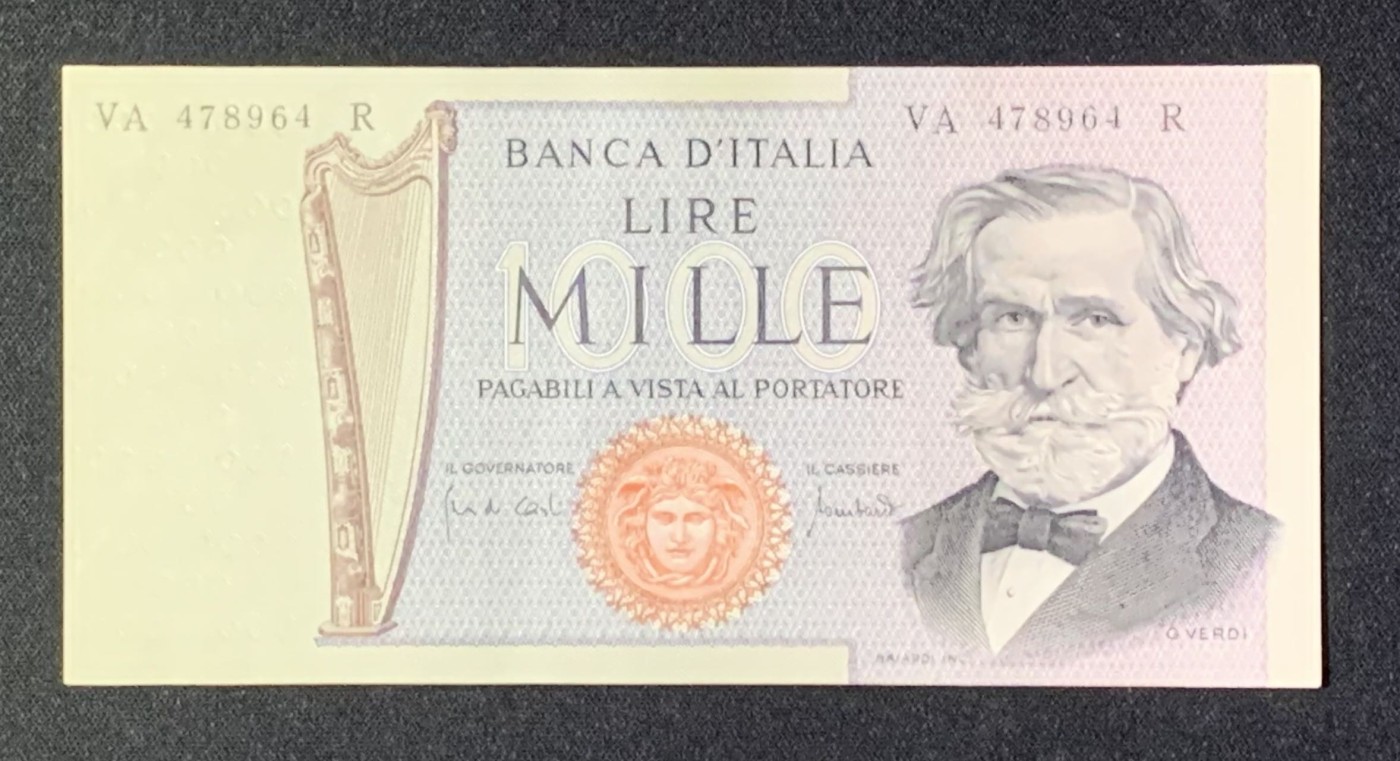 紫瑗钱币——第302期拍卖—纸币场 【首发年】意大利 1969年 威尔第 1000里拉 UNC