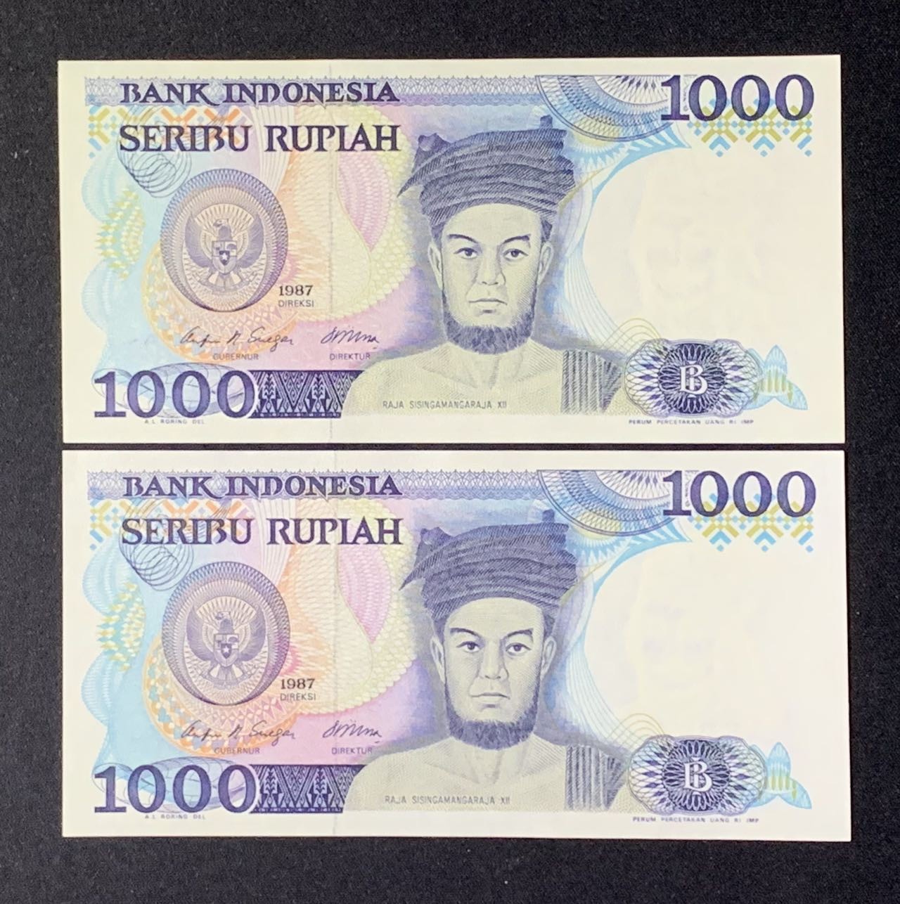 紫瑗钱币——第302期拍卖—纸币场 印度尼西亚 1987年 土著男人 1000卢比 2张一组 UNC