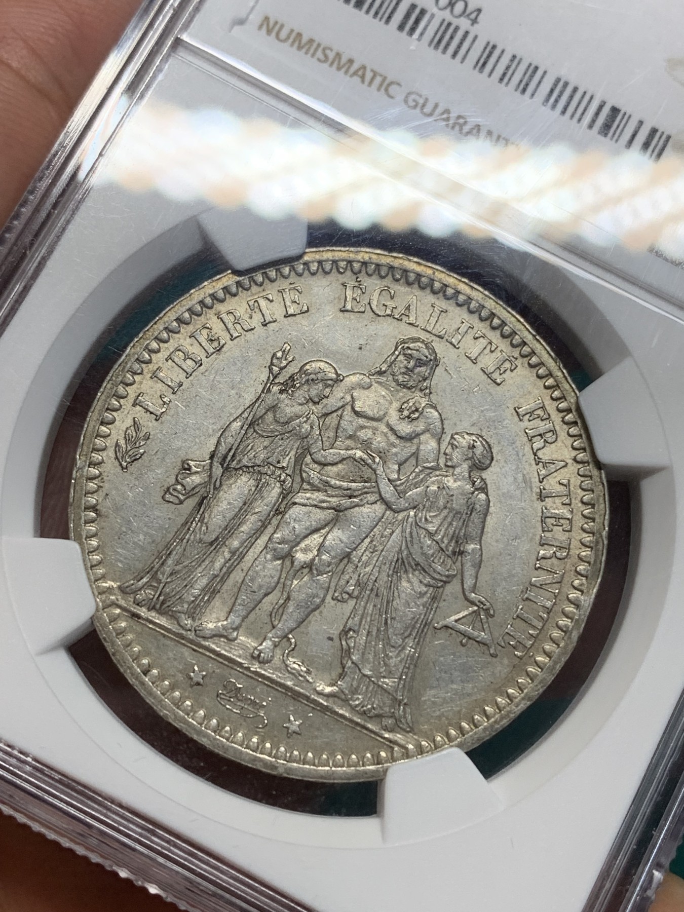 《竞宝斋》第195场-周日，周一 2场 (全场包邮) NGC-AU58 法国1873年大力神五法郎银币