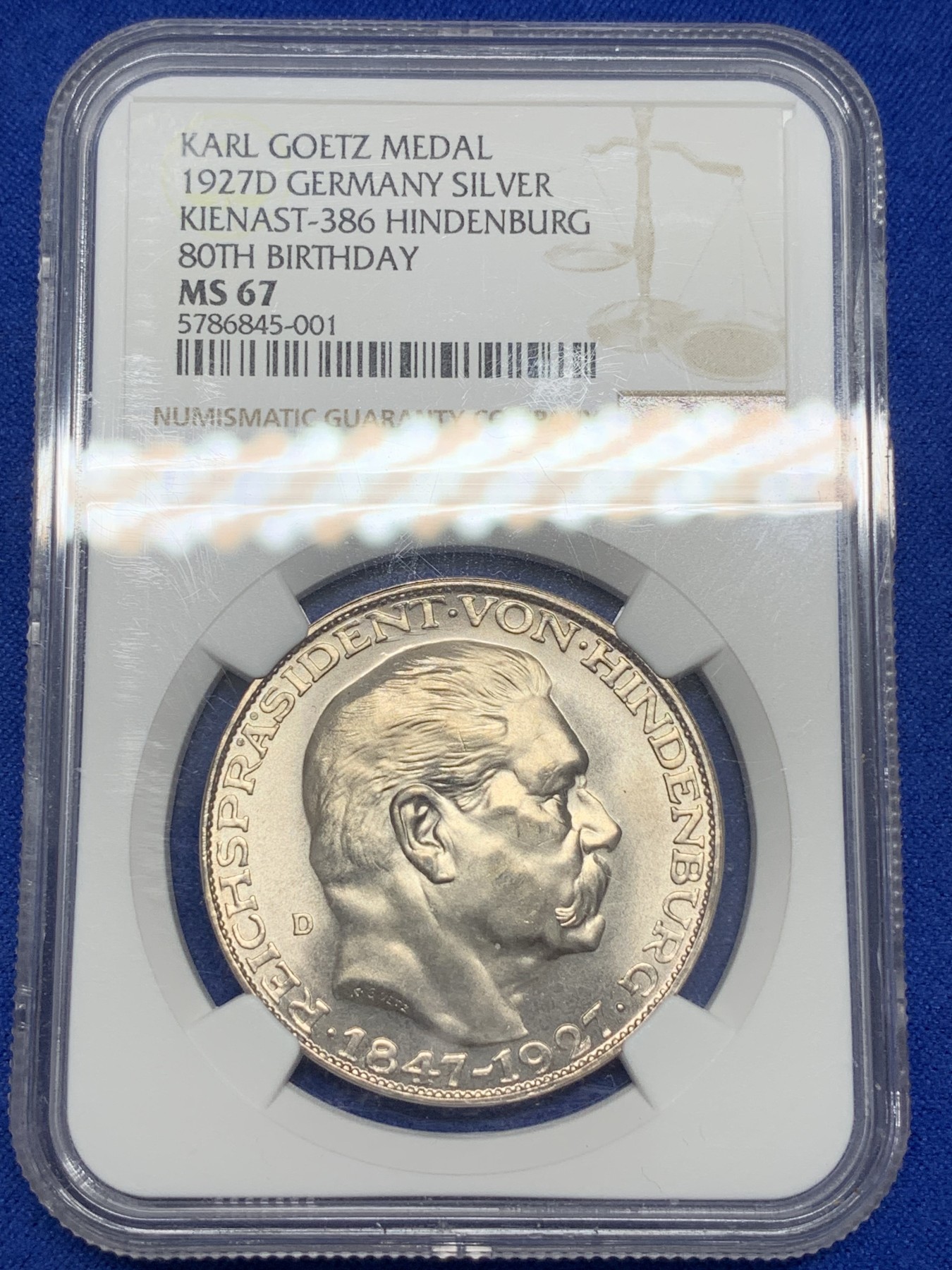 《竞宝斋》第195场-周日，周一 2场 (全场包邮) NGC-MS67 德国 1927年 兴登堡80大寿5马克币型银章 经典中的经典 卡尔哥茨作品 ngc亚军 仅有一枚更高分 国内首见 无需赘言