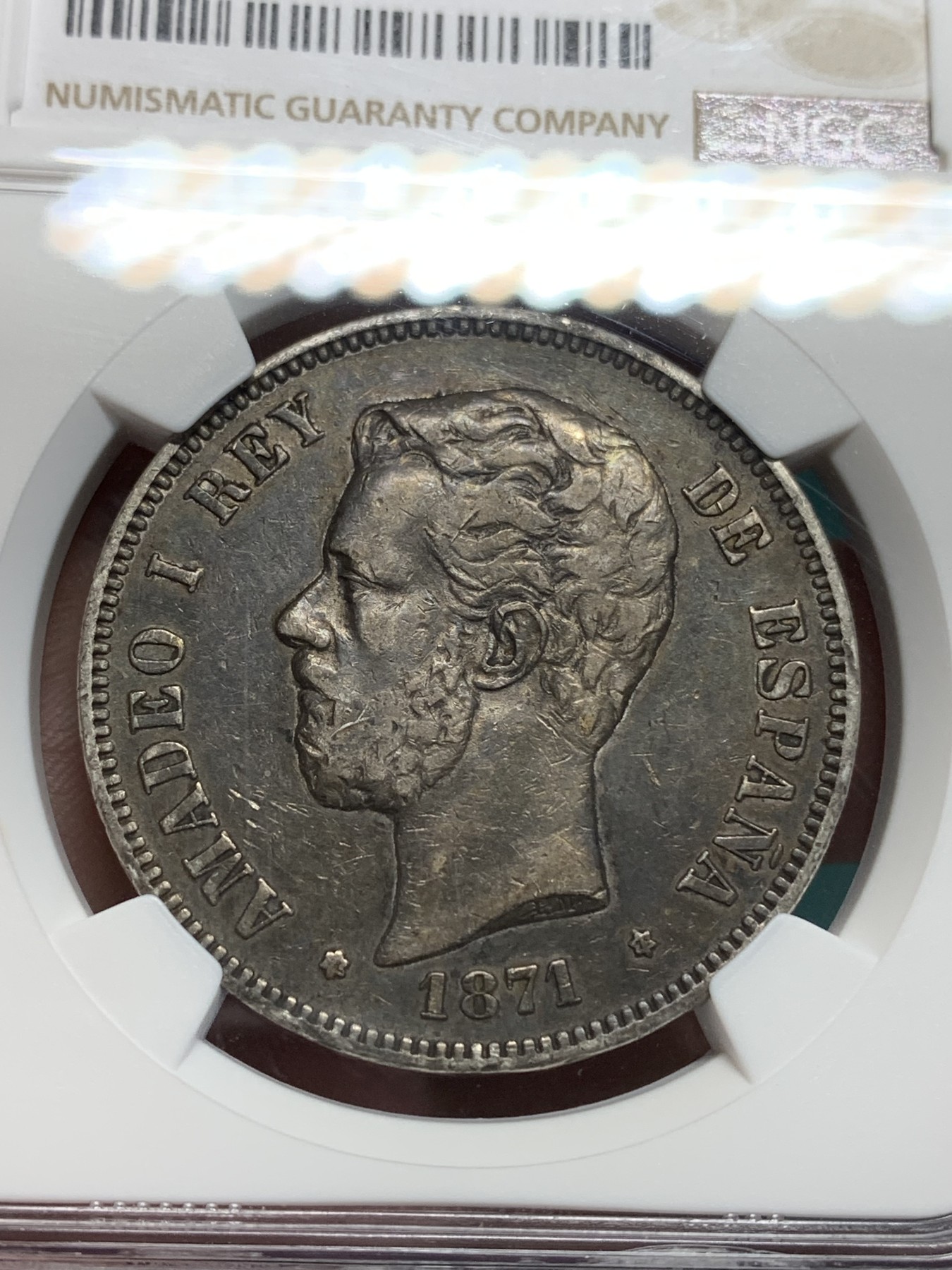 《竞宝斋》第195场-周日，周一 2场 (全场包邮) NGC VF30 1871年西班牙Amadeo一世5比塞塔银币