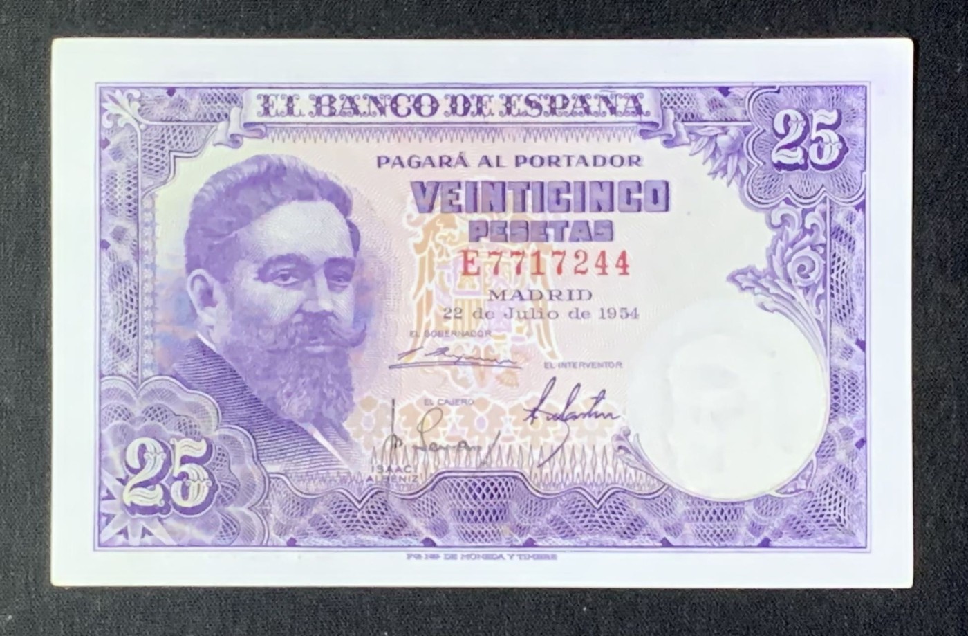 紫瑗钱币——第302期拍卖—纸币场 【双尾4】西班牙 1954年 伊萨克·阿尔贝尼斯 25比塞塔 UNC