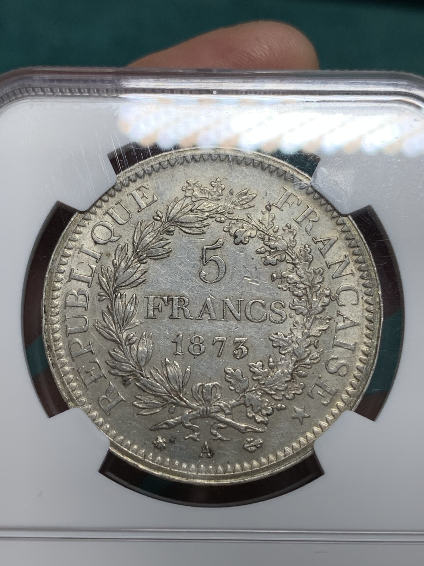 《竞宝斋》第195场-周日，周一 2场 (全场包邮) NGC-AU58 法国1873年大力神五法郎银币