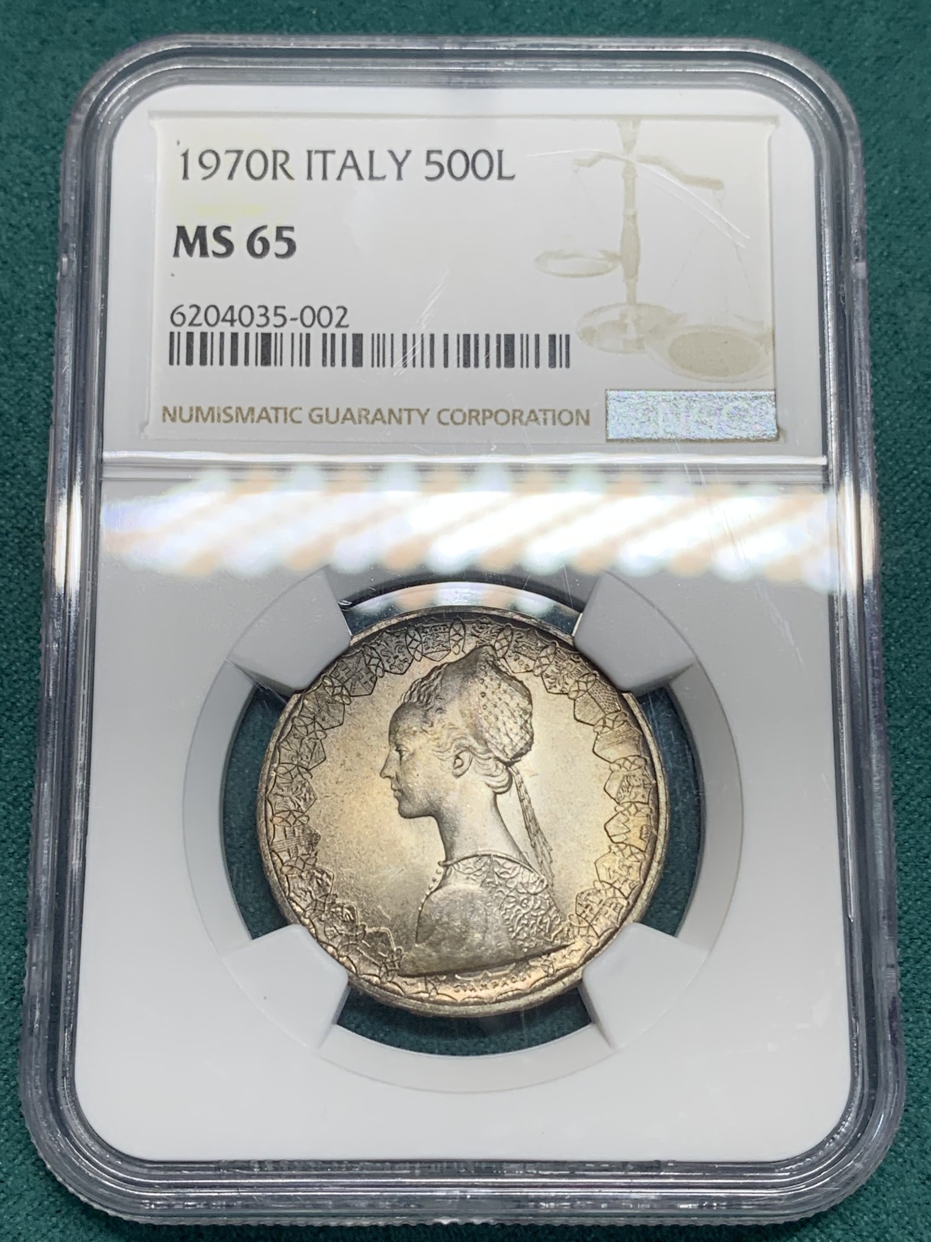 《竞宝斋》第195场-周日，周一 2场 (全场包邮) NGC-MS65 意大利1970年帆船少女500里拉银币