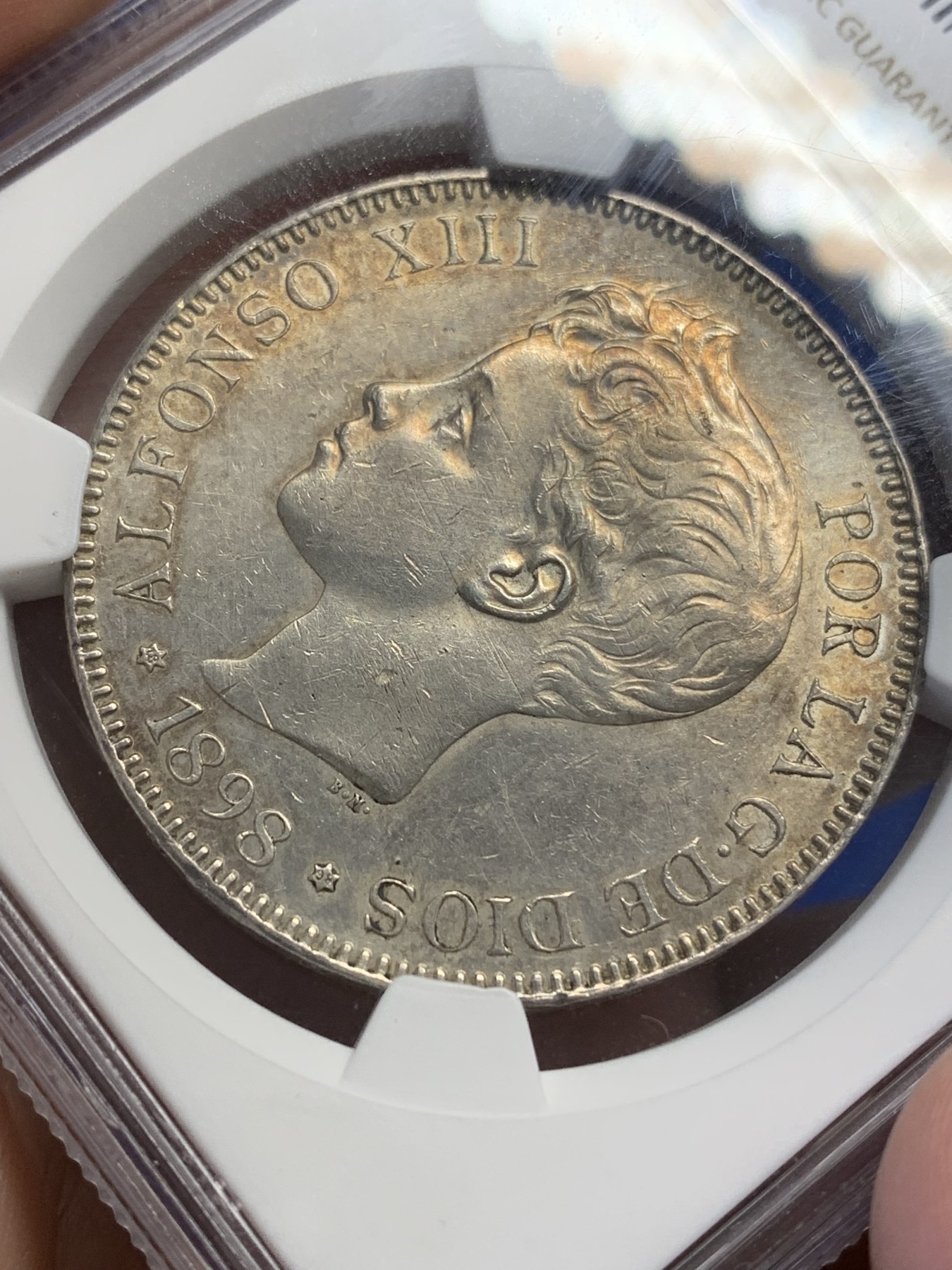 《竞宝斋》第195场-周日，周一 2场 (全场包邮) NGC-AUD 西班牙 1898年 阿方索十三世 5比塞塔银币 带彩 状态还不错