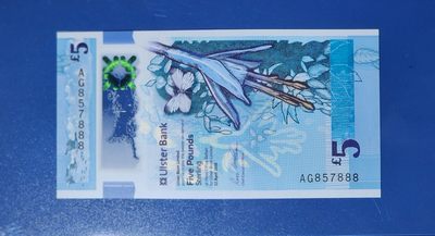 港、澳、台、中外钞、流水签、机签、箱包单、靓号专场第30期 - 北爱尔兰2018年5镑塑料钞 豹子号 AG857888 UNC一张/如图