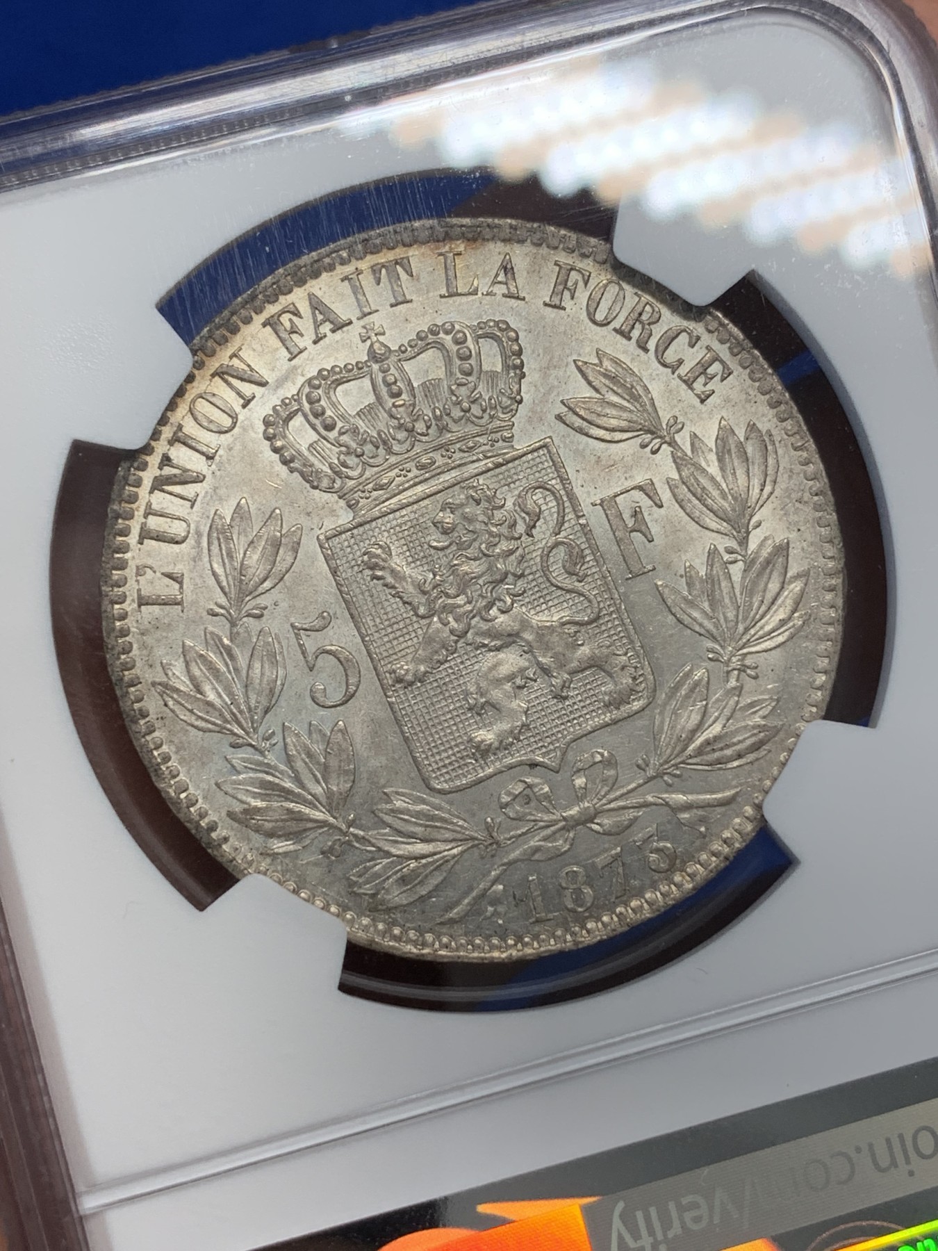 《竞宝斋》第195场-周日，周一 2场 (全场包邮) NGC-MS62 比利时1873年利奥波德二世5法郎大银币 带有粉光 状态难得 好品已有上涨 值得入手