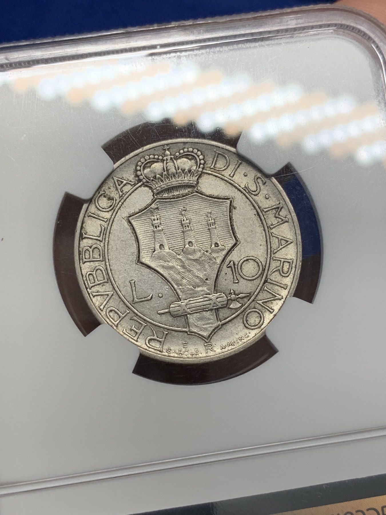 《竞宝斋》第195场-周日，周一 2场 (全场包邮) NGC-AUD 1932年 圣马力诺 早期 10里拉银币 女武士 少见品种