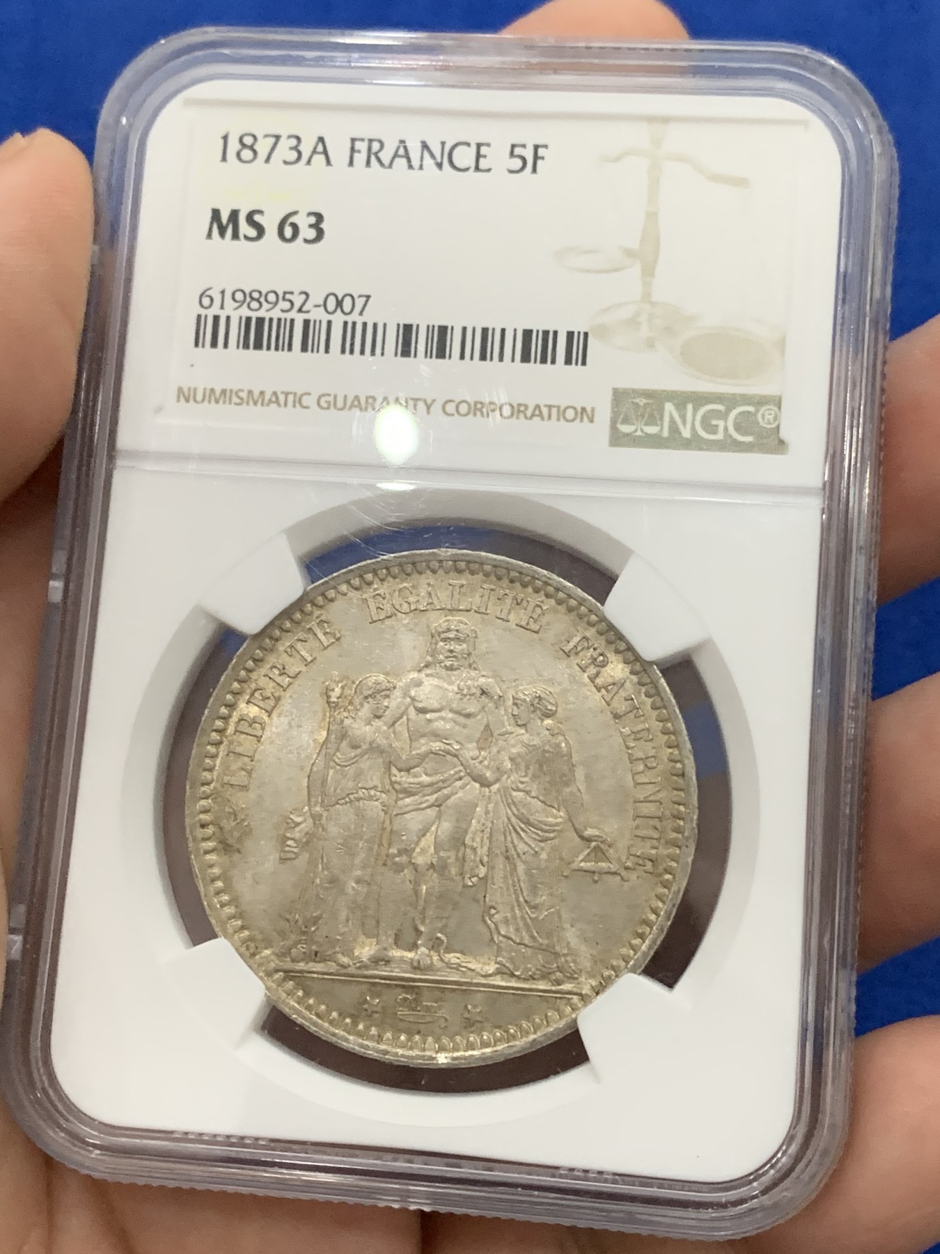 《竞宝斋》第195场-周日，周一 2场 (全场包邮) NGC-MS63 法国1873年大力神5法郎银币