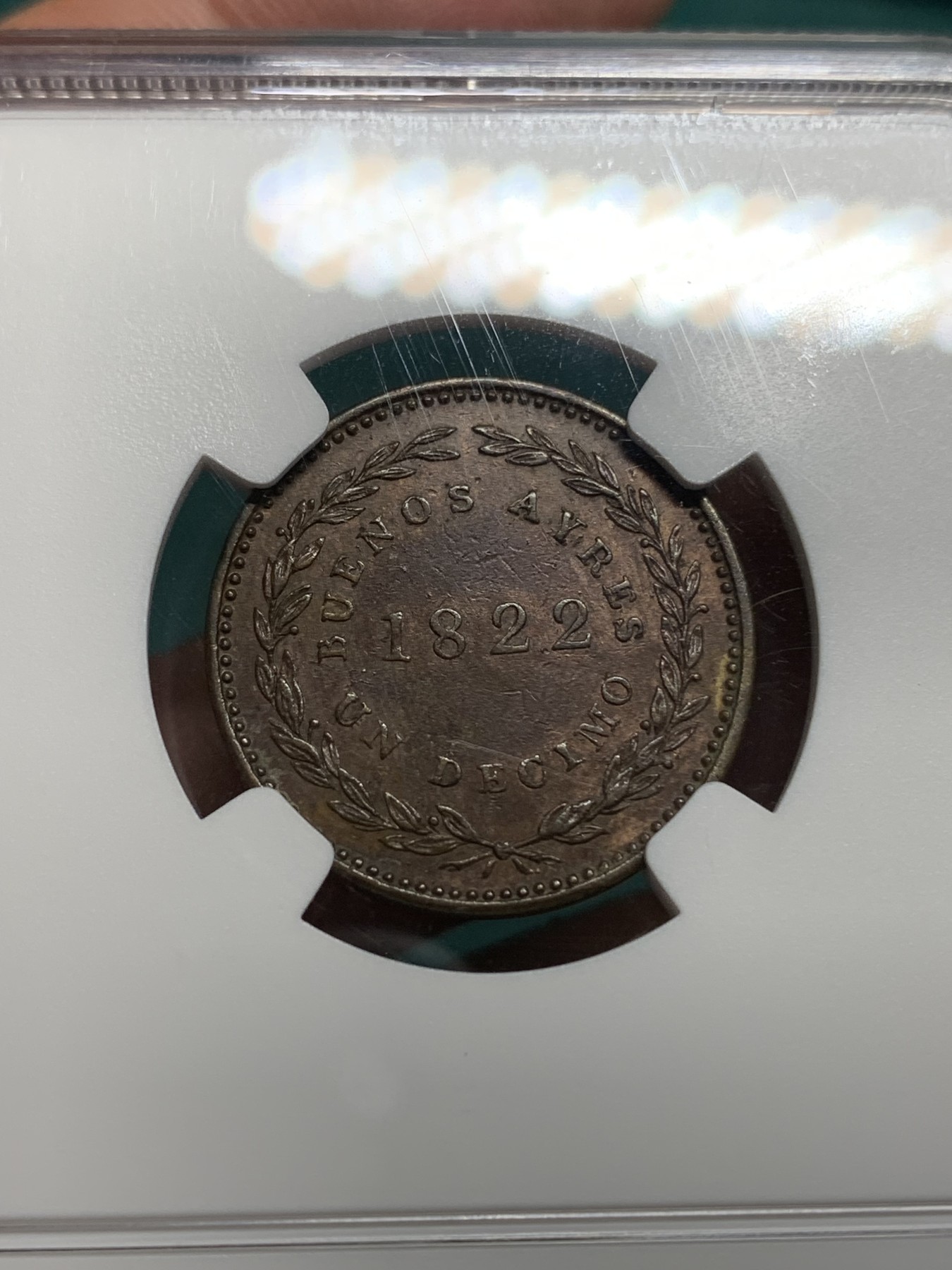 《竞宝斋》第195场-周日，周一 2场 (全场包邮) NGC-AU55BN 阿根廷1822年布宜诺斯艾利斯1D铜币，60分参考价160美元。早期阿根廷稀见