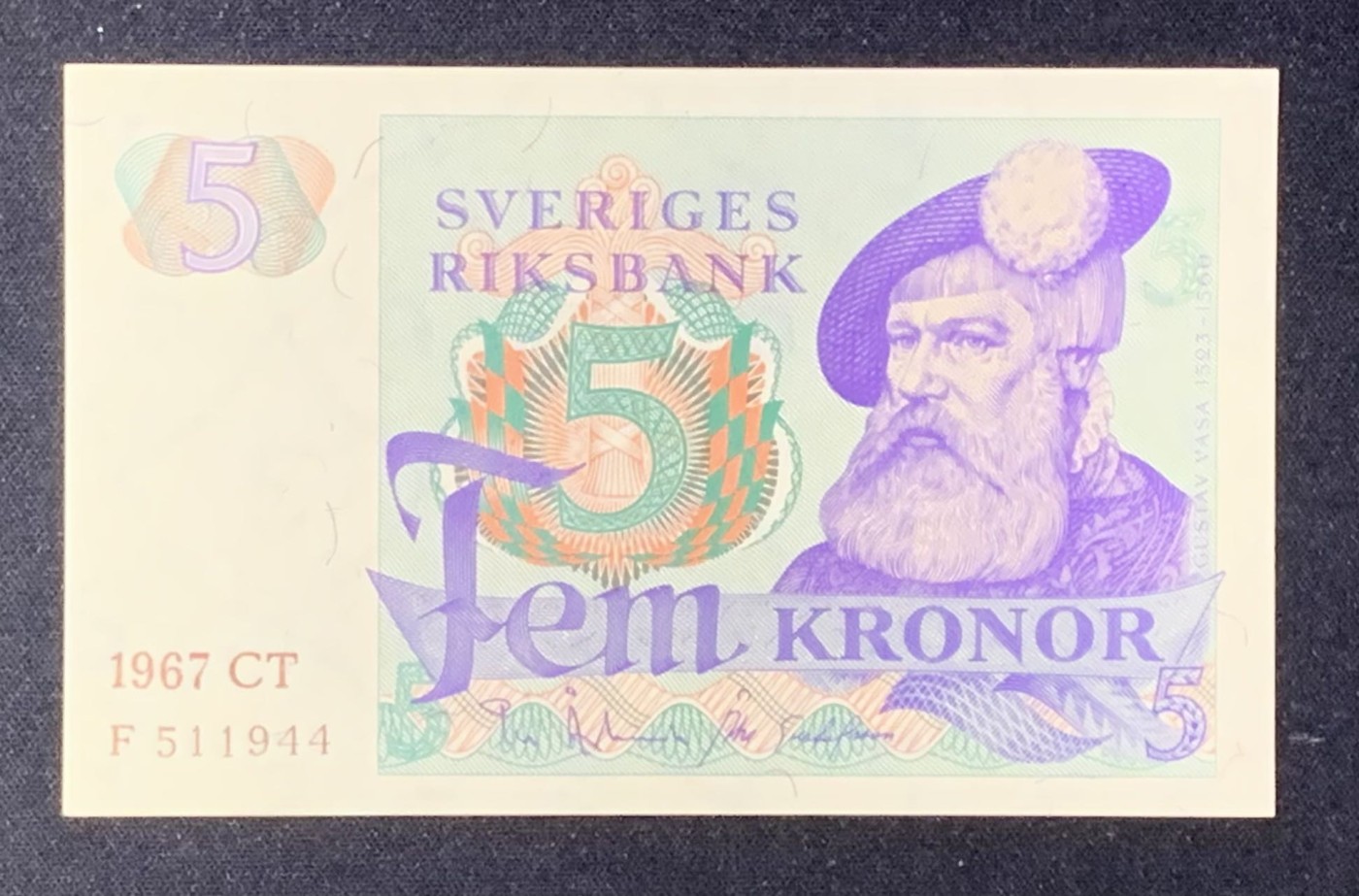 紫瑗钱币——第302期拍卖—纸币场 【双尾4】瑞典 1967年 瑞典银行 古斯塔夫一世 5克朗 深字 UNC