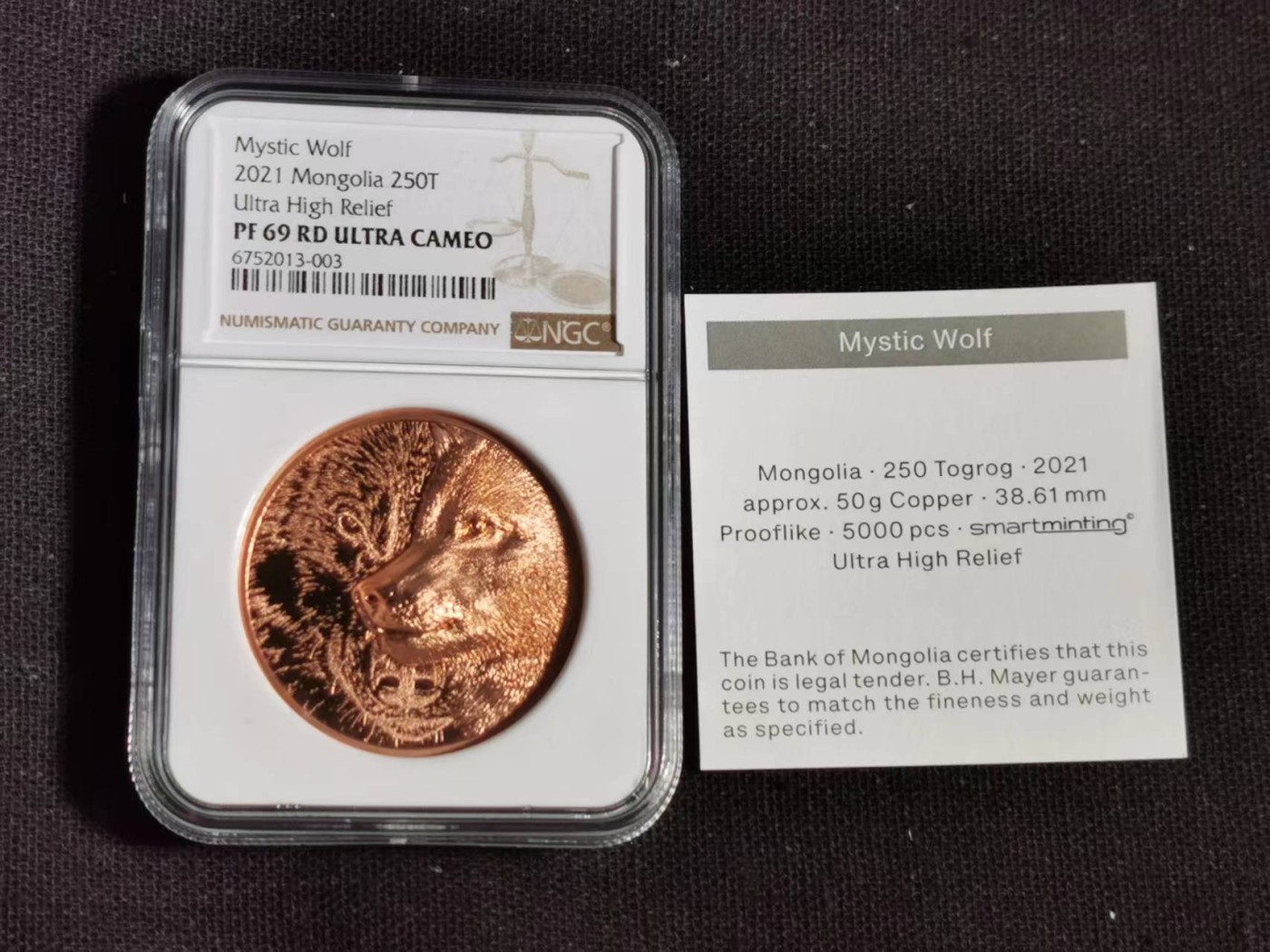 刘世昌艺术品销售中心～虎踞龙蟠*金杨在线联拍群第515期 蒙古2021年“草原狼～双面高浮雕”50克250图格里克精制纪念铜币（NGC  PF69RDUC   串号：6752013-003 ）1枚，原证书。