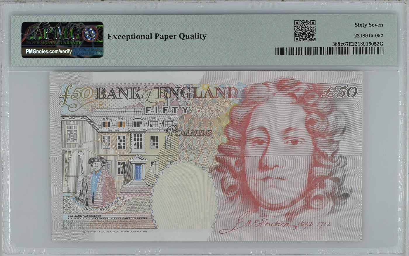 收藏联盟Quantum Auction 第287期拍卖  英国1994 (ND 2006)年50镑 PMG67 号码无4 乱蛇号