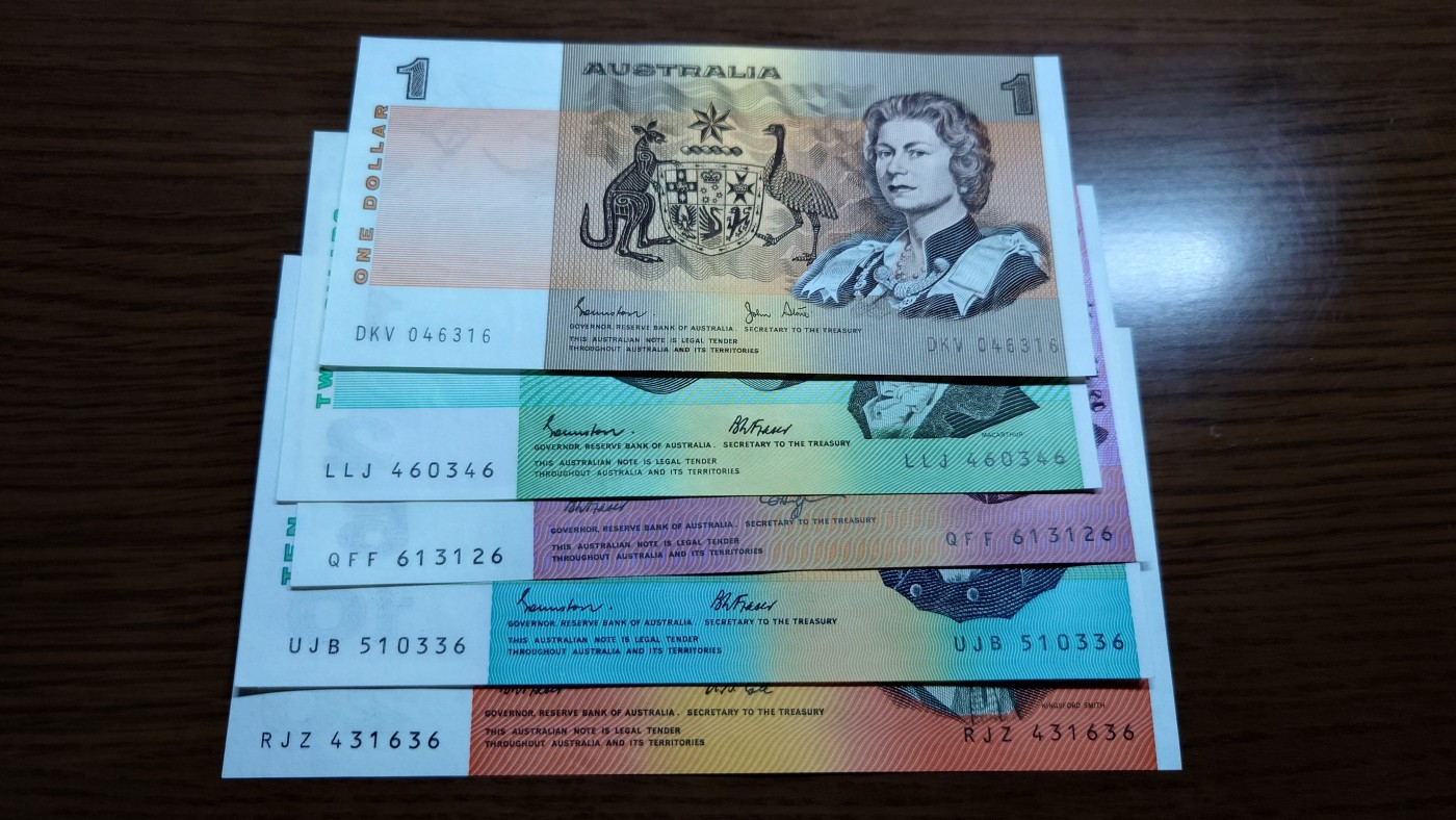 澳大利亚纸币1-2-5-10-20小套尾1同团购 绝品刀拆 免佣金（1-2-5-10也有零售另询）） 澳大利亚纸币1-2-5-10-20小全套 全新绝品刀拆 尾号6