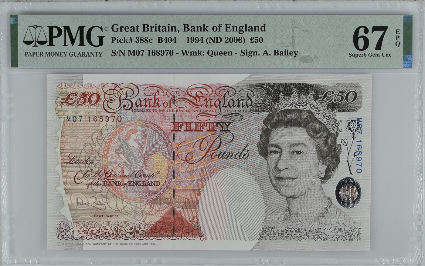 收藏联盟Quantum Auction 第287期拍卖  英国1994 (ND 2006)年50镑 PMG67 号码无4 乱蛇号