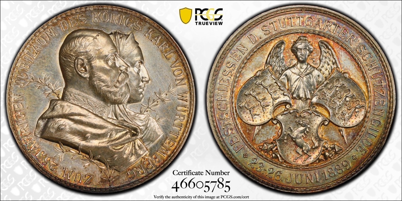 万国钱币拍卖第016期（奢华币章最终章） PCGS SP62 1889年德国符腾堡斯图加特纪念卡尔国王加冕25周年暨联邦射击节大银章 此品种所见几乎统统带有吊环 品种唯一冠军分 通体炫彩高浮雕 36MM 23G