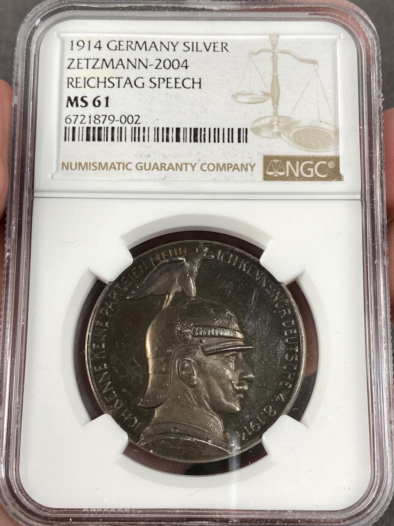 万国钱币拍卖第016期（奢华币章最终章） NGC MS61 1914年德国威廉二世一战开战纪念银章 通体五彩利剑出鞘 明显低评