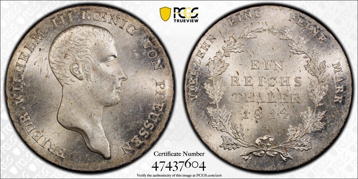 万国钱币拍卖第016期（奢华币章最终章） PCGS MS63 1814年德国普鲁士威廉三世流通1泰勒 战胜拿破仑的男人之一 创立铁十字勋章 同分欧洲拍卖会650欧起拍