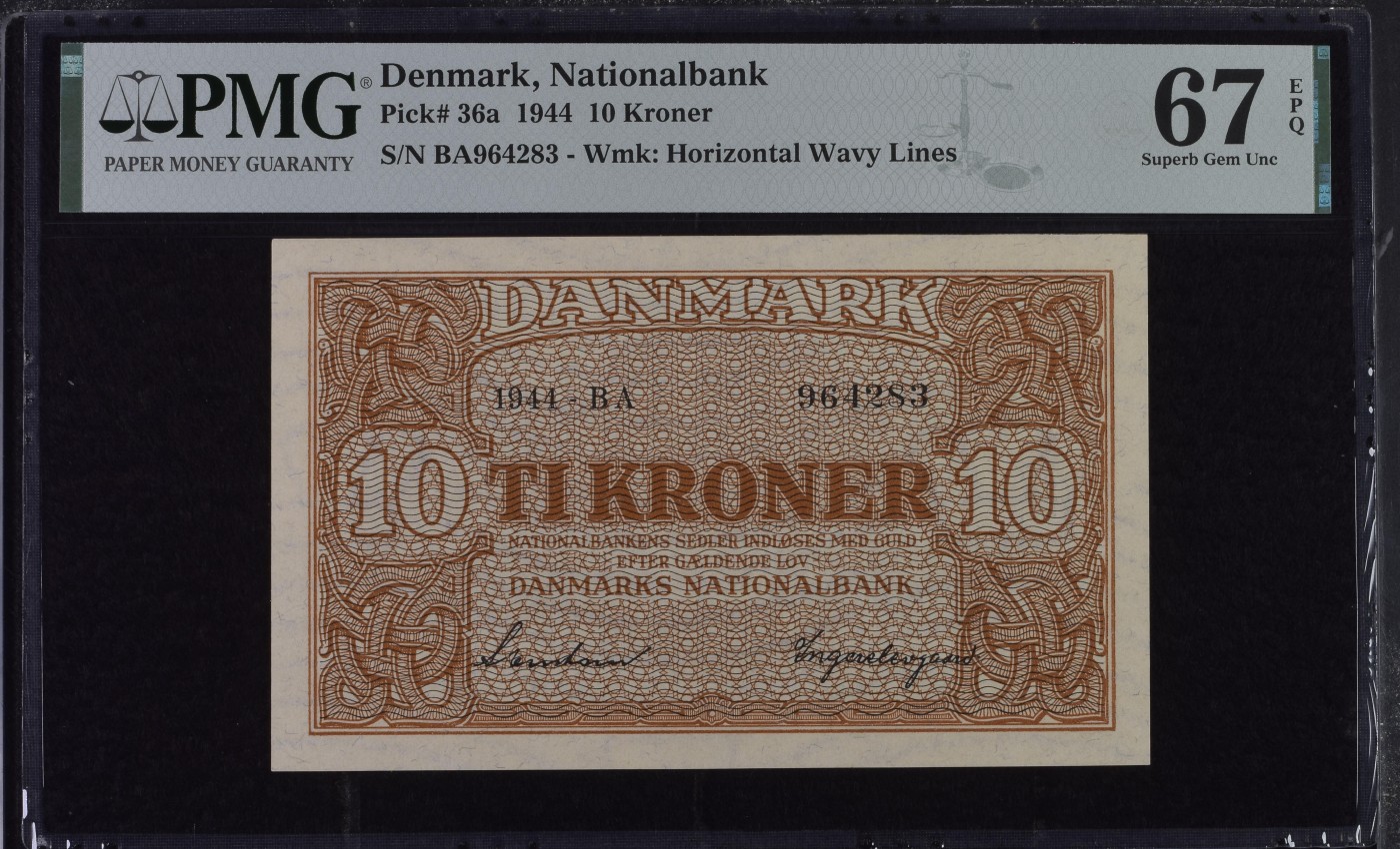 收藏联盟Quantum Auction 第287期拍卖  丹麦国家银行1944年10克朗 PMG67 亚军分