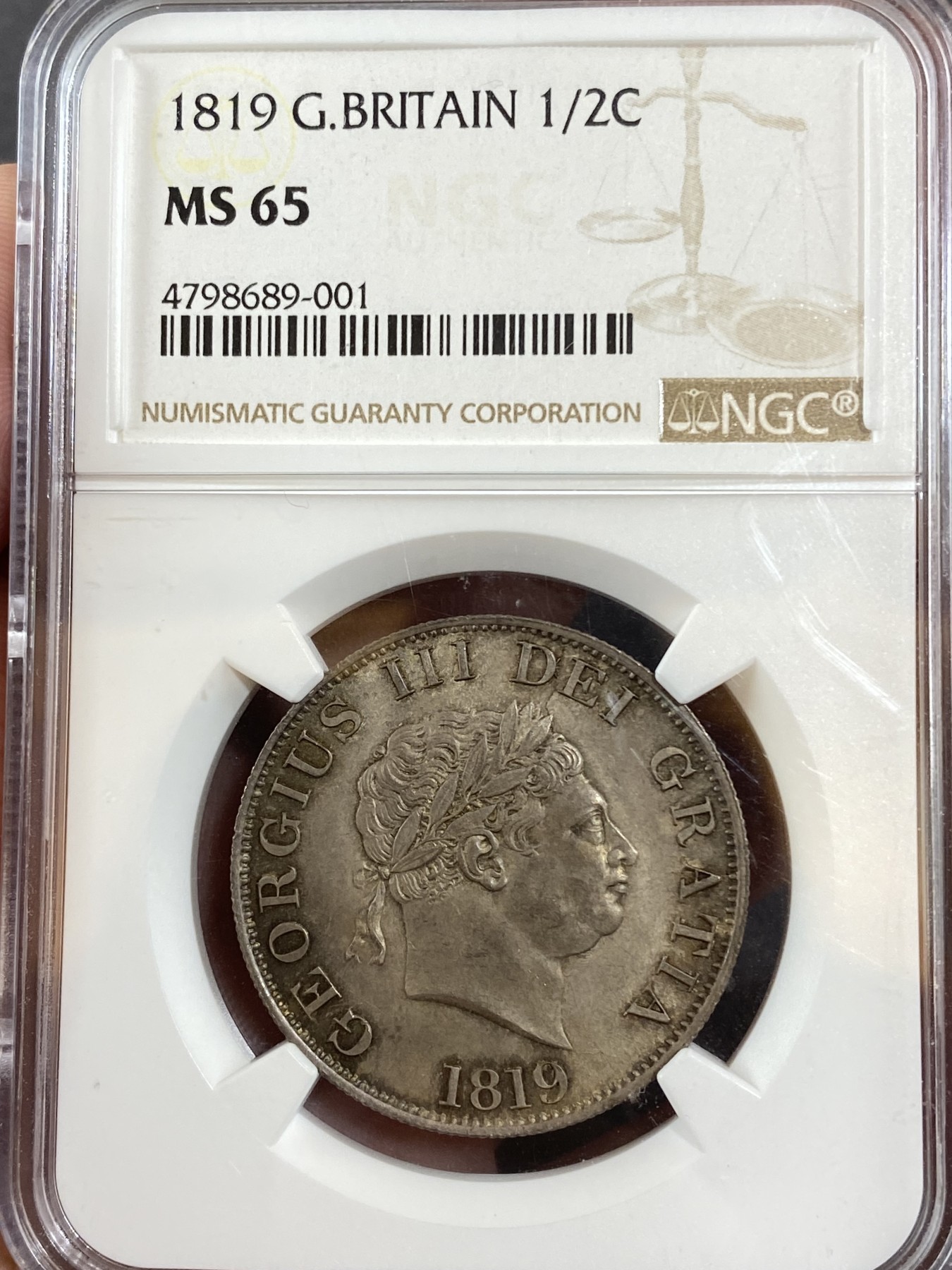 万国钱币拍卖第016期（奢华币章最终章） NGC MS65 1819年英国乔治三世半克朗 英式乌云包浆