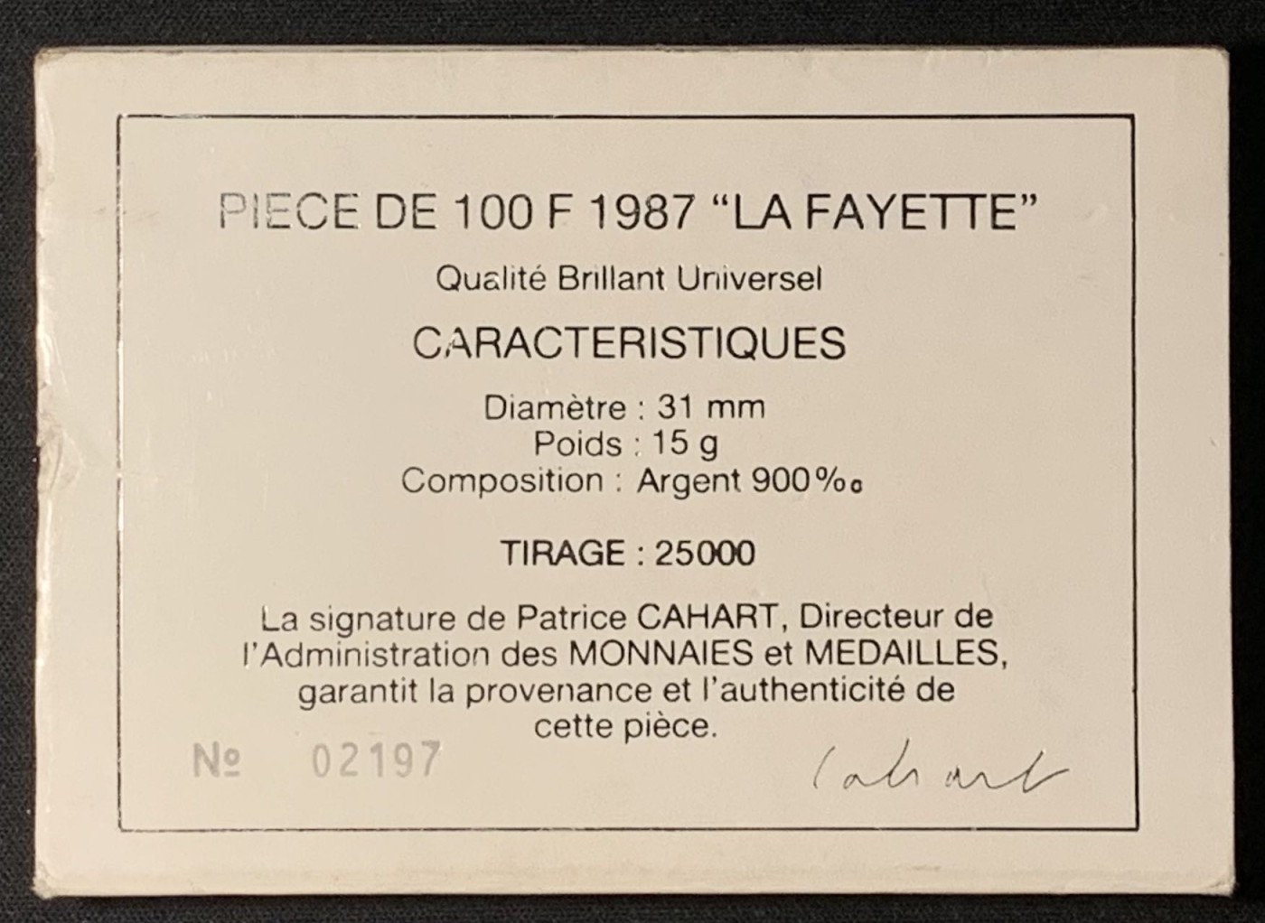 紫瑗钱币——第303期拍卖 法国 1987年 拉斐特将军诞辰230周年 100法郎 15克 0.9银 造币厂原盒